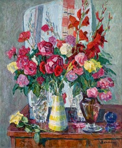 Flowers Still Life Painting Vintage Oil Canvas Roses and Gladioli by Kolesnik V.