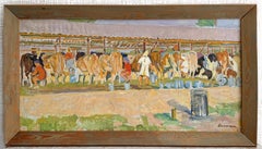 Milkmaids and Cows Genre scene Vintage Painting Oil Canvas Framed by Kolesnik V.