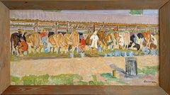 Milkmaids and Cows Genre scene Vintage Painting Oil Canvas Framed by Kolesnik V.