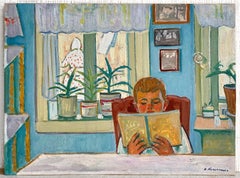 Vintage Boy Portrait Painting Antique Oil Child Scene Art by Kolesnik V.