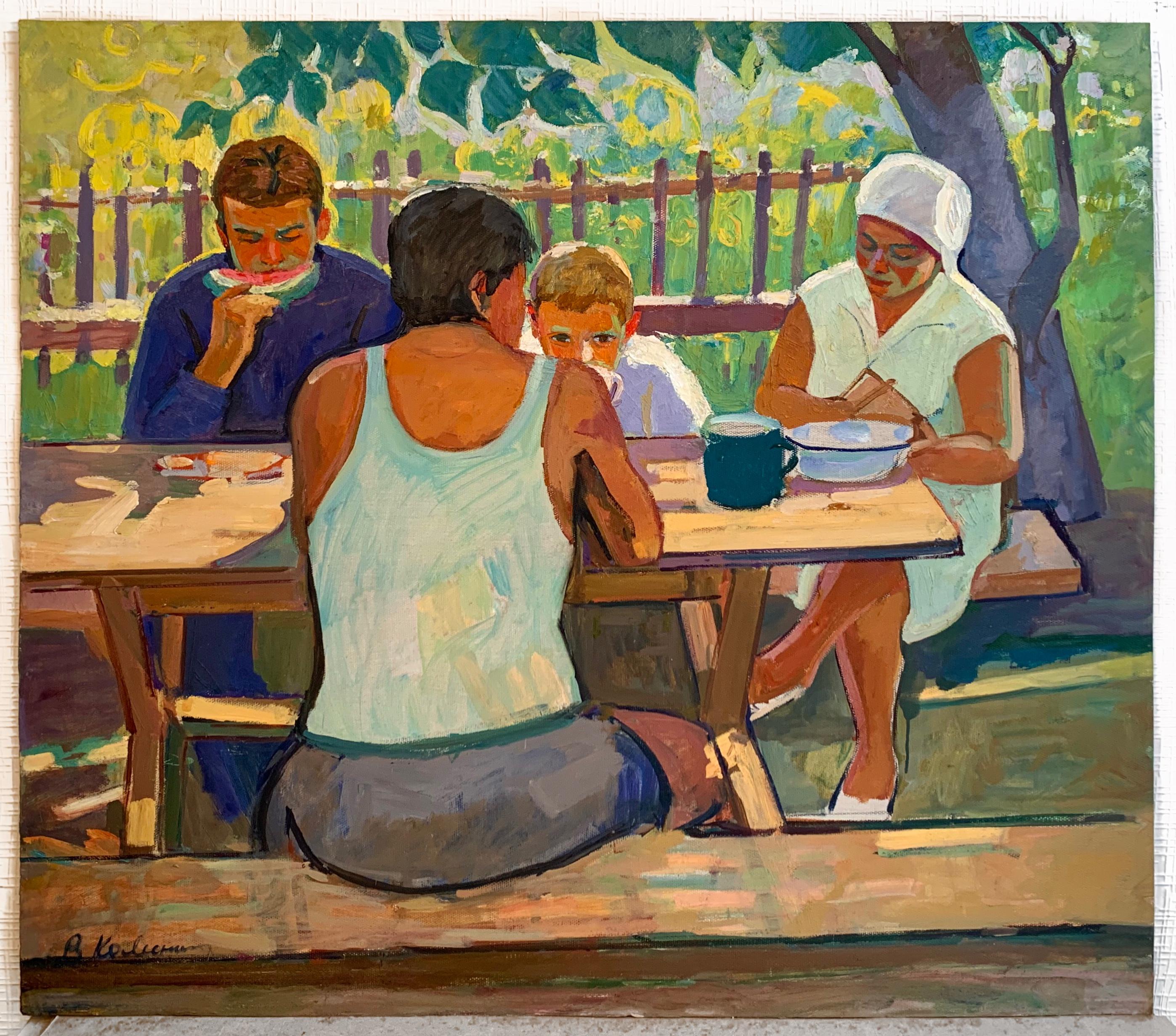 Vintage Genre scene Painting Oil Family Portrait Summer Lunch Art by Kolesnik V. - Brown Figurative Painting by Kolesnik Vladimir