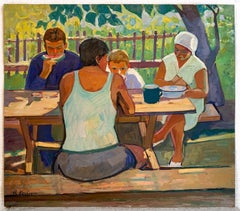 Vintage Genre scene Painting Oil Family Portrait Summer Lunch Art by Kolesnik V.