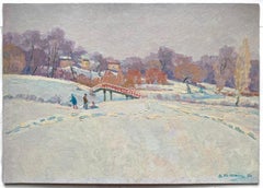 Winter Village Landscape Vintage Painting Oil Original Snowy Art by Kolesnik V.