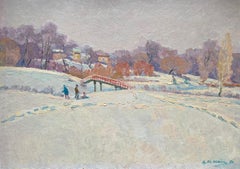 Winter Village Landscape Vintage Painting Oil Original Snowy Art by Kolesnik V.