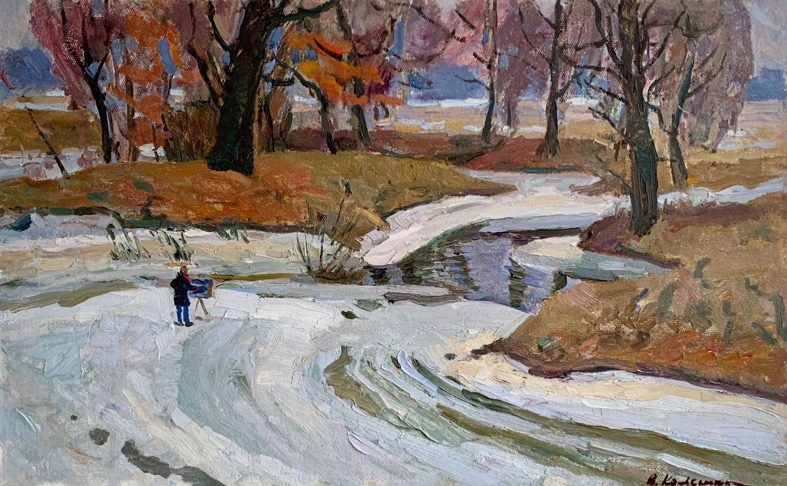Winter Vintage Landscape Painting Oil Original Plein Air Art by Kolesnik V. For Sale 8