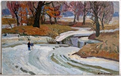 Winter Vintage Landscape Painting Oil Original Plein Air Art by Kolesnik V.