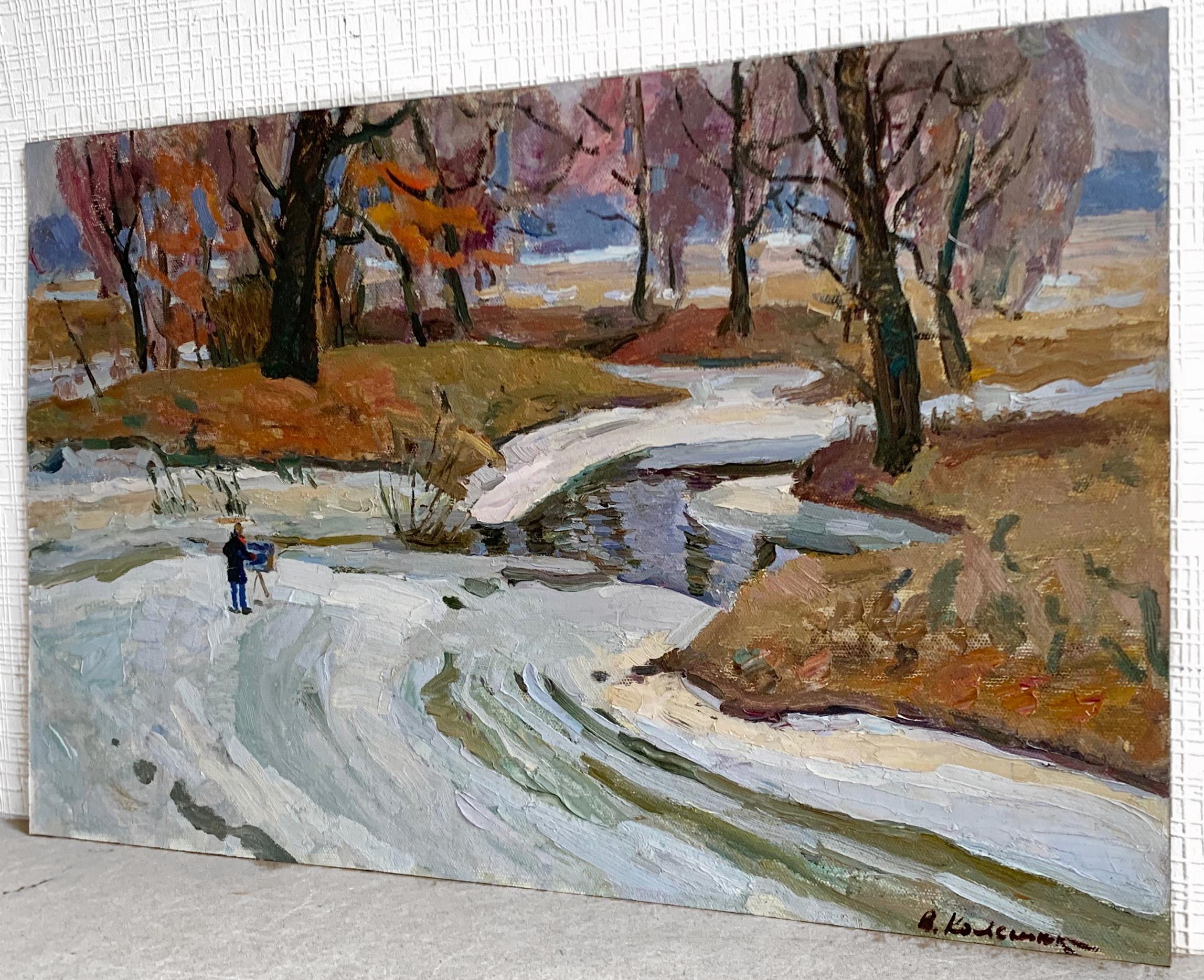 Winter Vintage Landscape Painting Oil Original Plein Air Art by Kolesnik V. For Sale 1