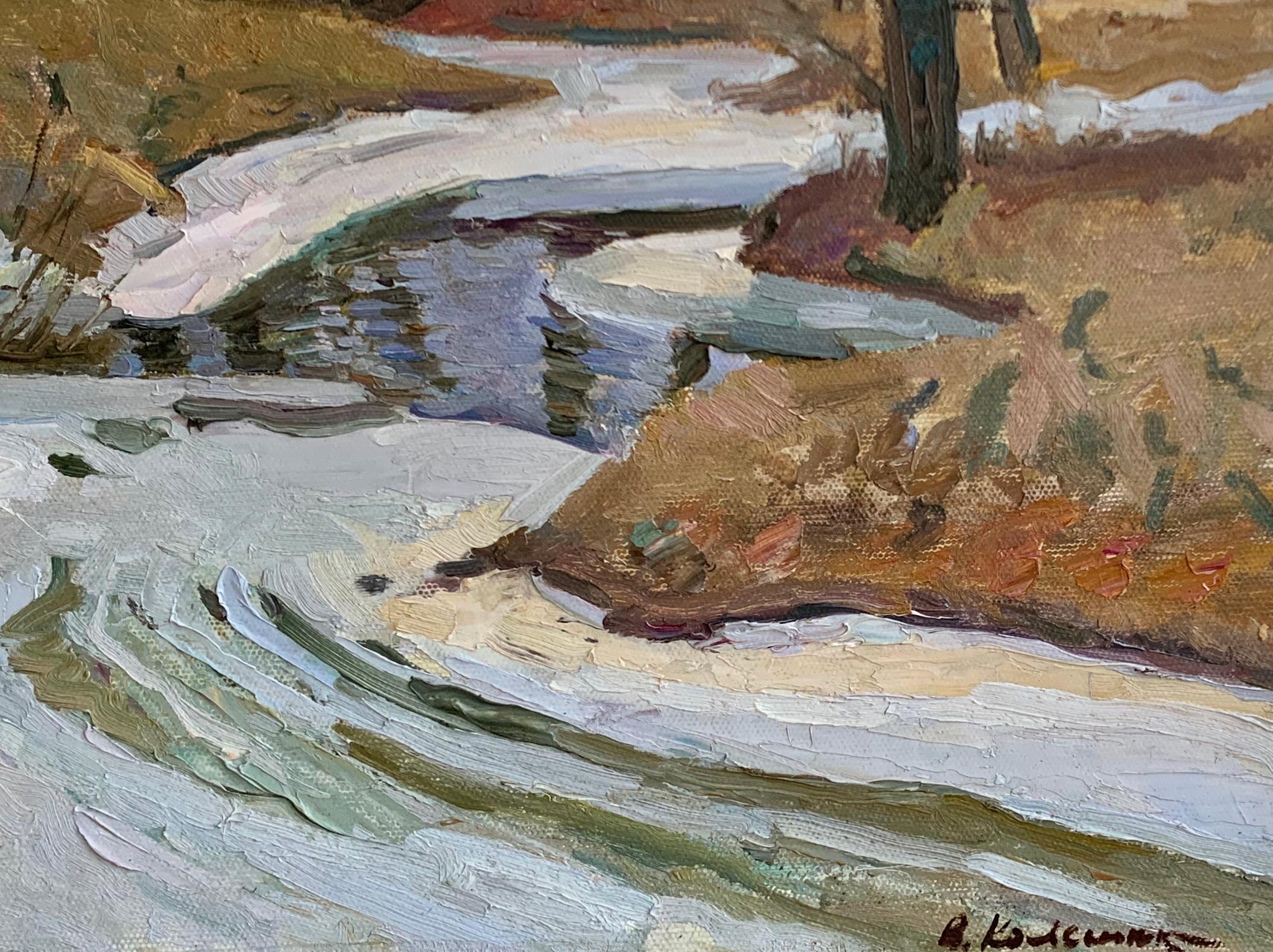 Winter Vintage Landscape Painting Oil Original Plein Air Art by Kolesnik V. For Sale 3