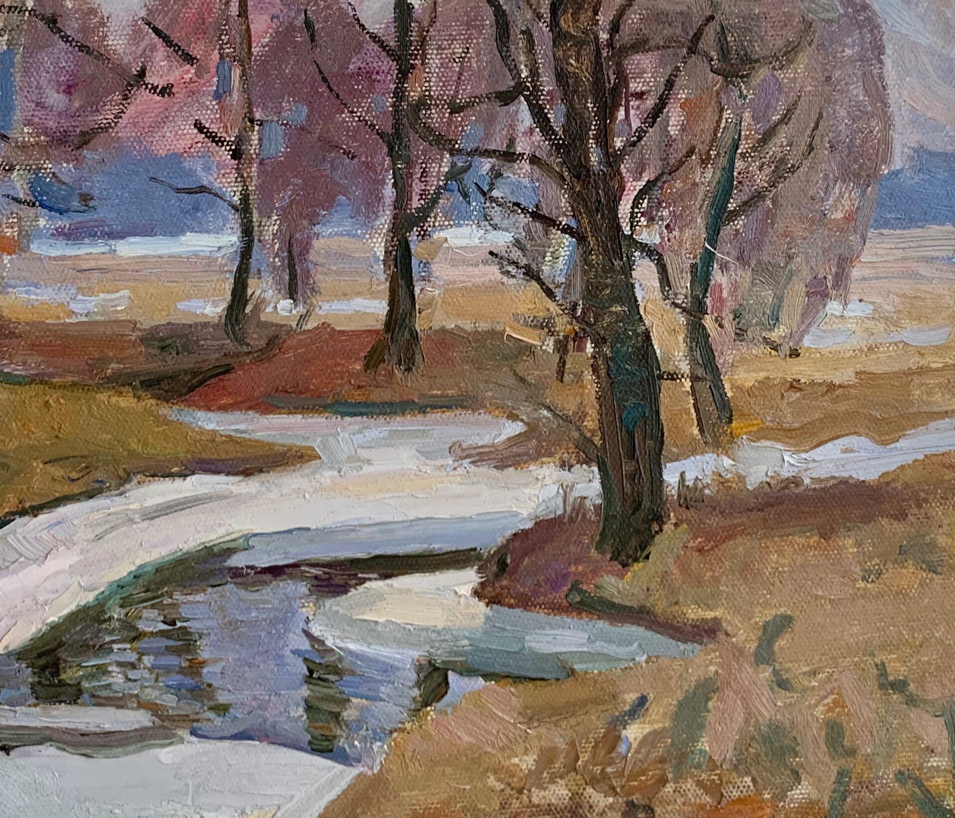 Winter Vintage Landscape Painting Oil Original Plein Air Art by Kolesnik V. For Sale 5