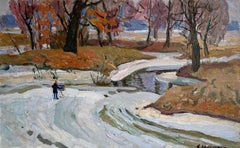 Winter Vintage Landscape Painting Oil Original Plein Air Art by Kolesnik V.