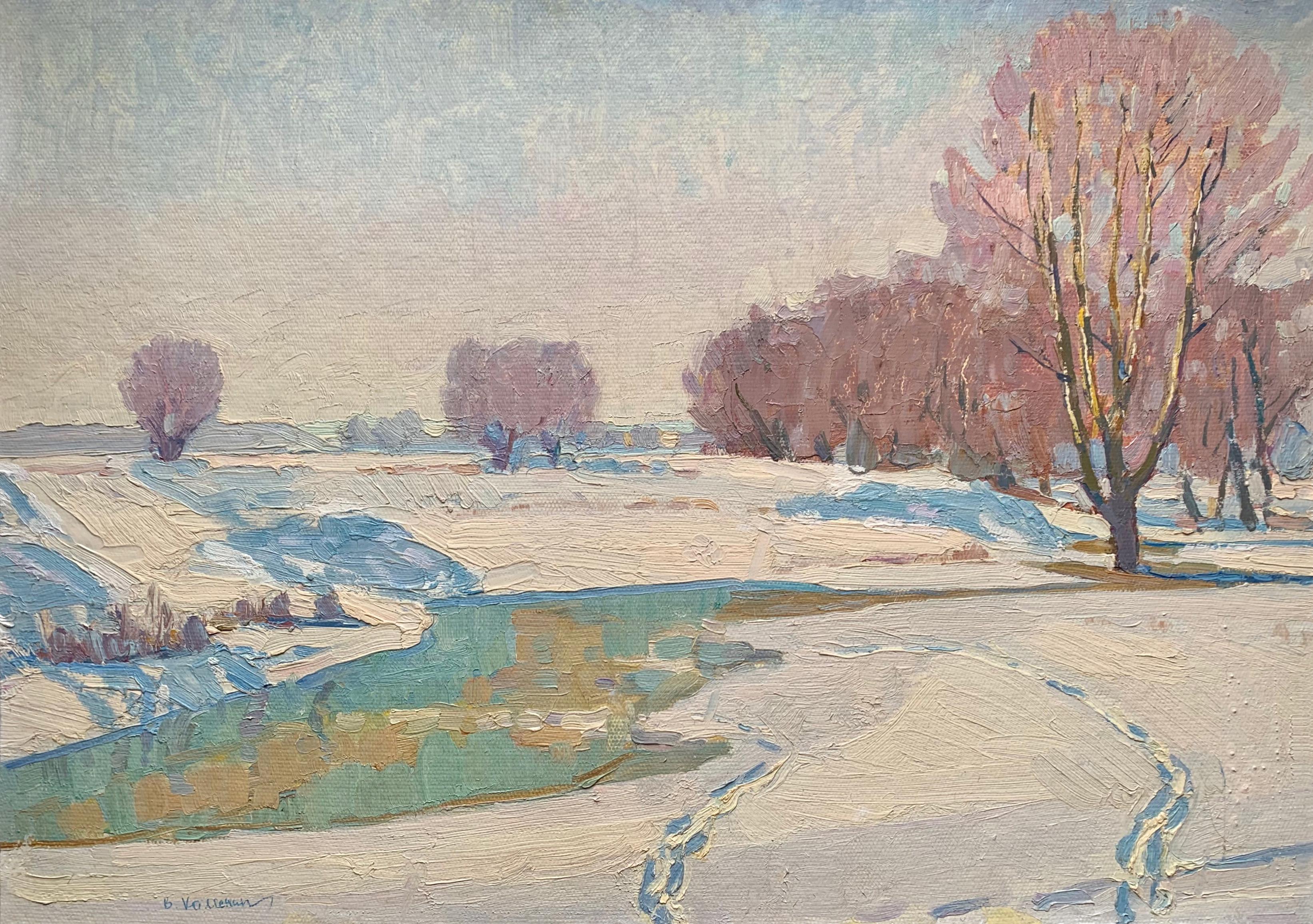 Winter Vintage Landscape Painting Oil Original Snowy Nature Art by Kolesnik V. For Sale 6