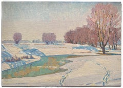 Winter Vintage Landscape Painting Oil Original Snowy Nature Art by Kolesnik V.