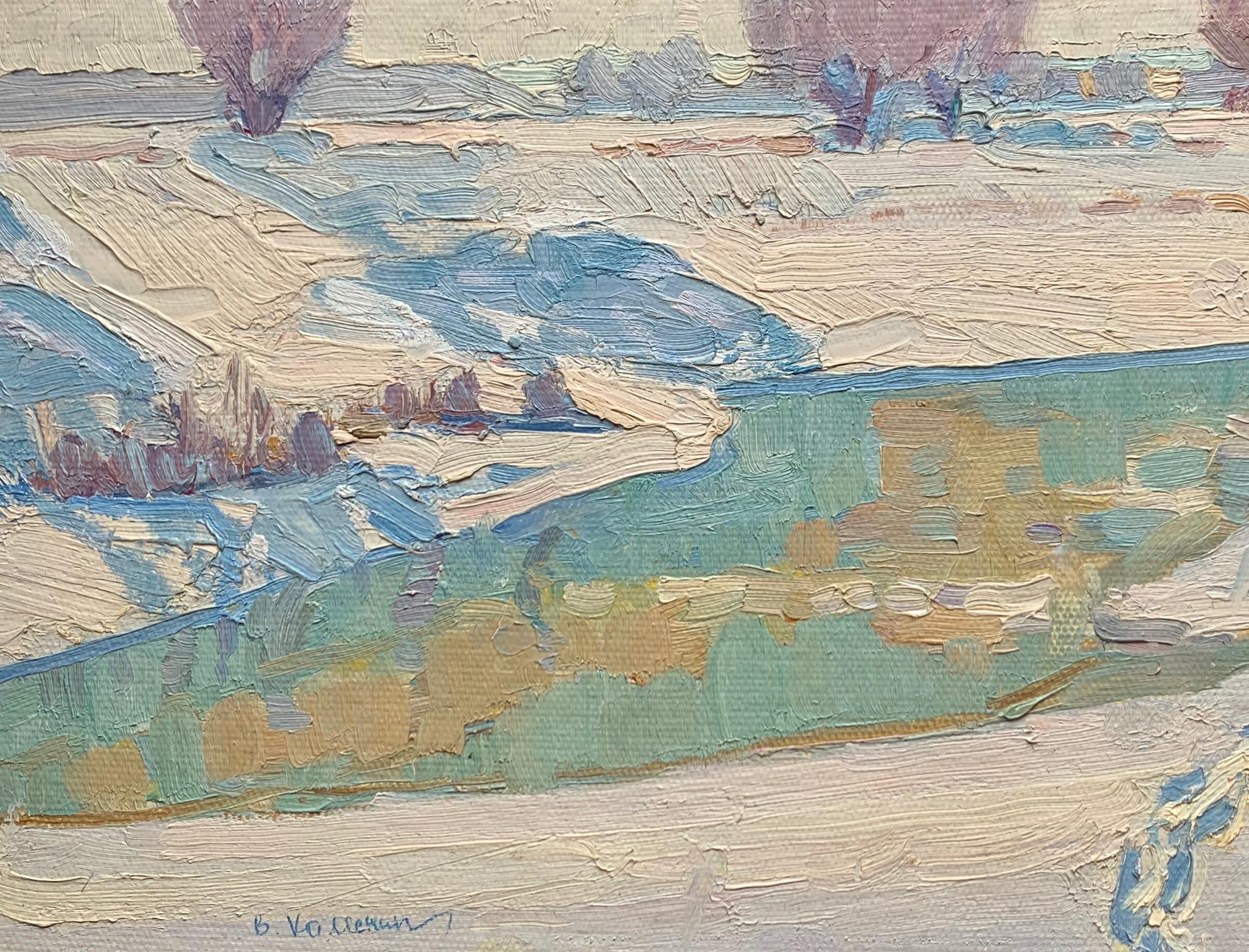 Winter Vintage Landscape Painting Oil Original Snowy Nature Art by Kolesnik V. For Sale 1