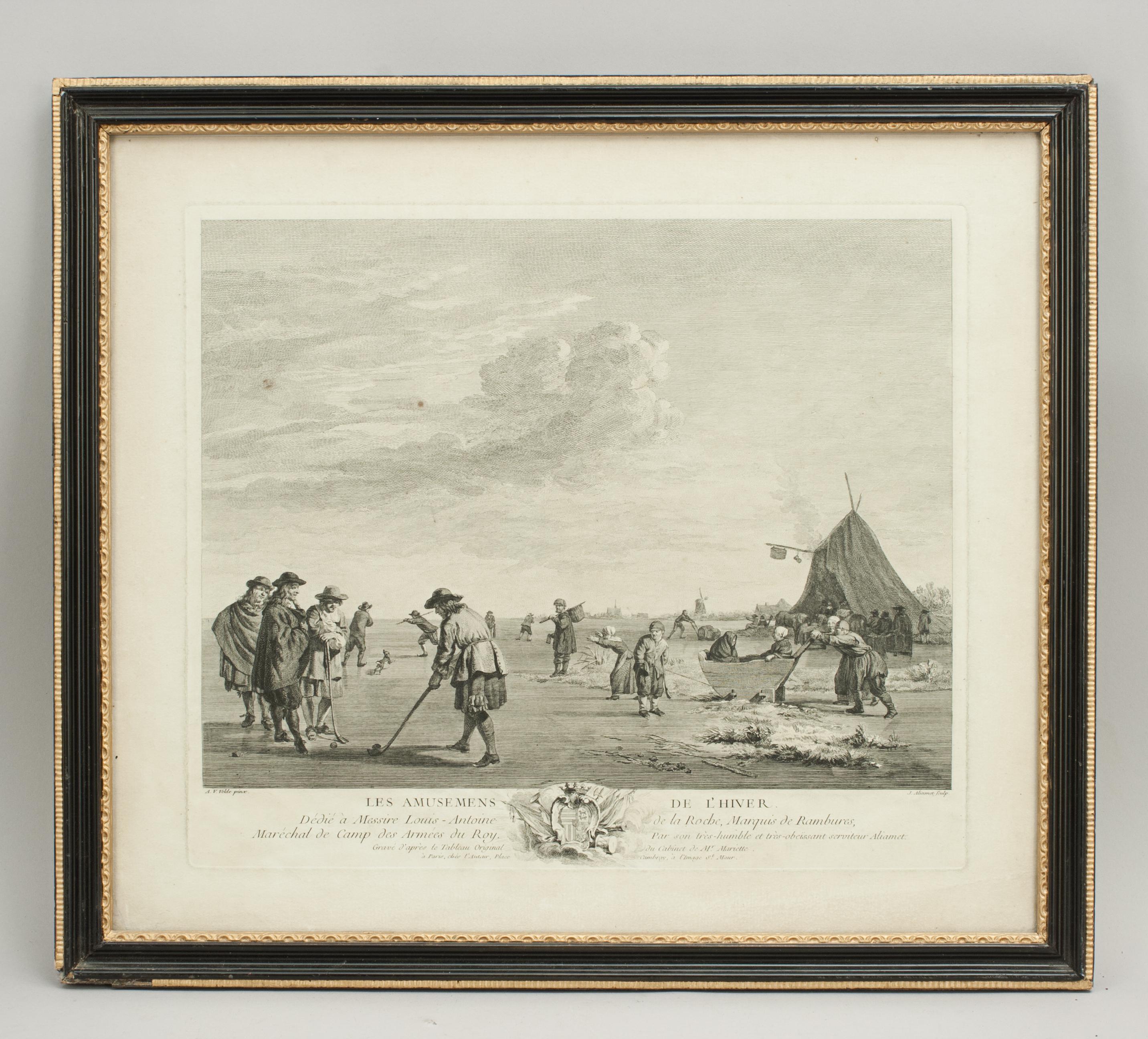 Gravure de golf néerlandaise par J. Aliamet, Les Amusements De L'Hiver.
Rare gravure de golf hollandaise du 18e siècle par J. Aliamet représentant un Hollandais jouant la première forme de golf sur la glace près de Haarlem en 1668. La gravure est