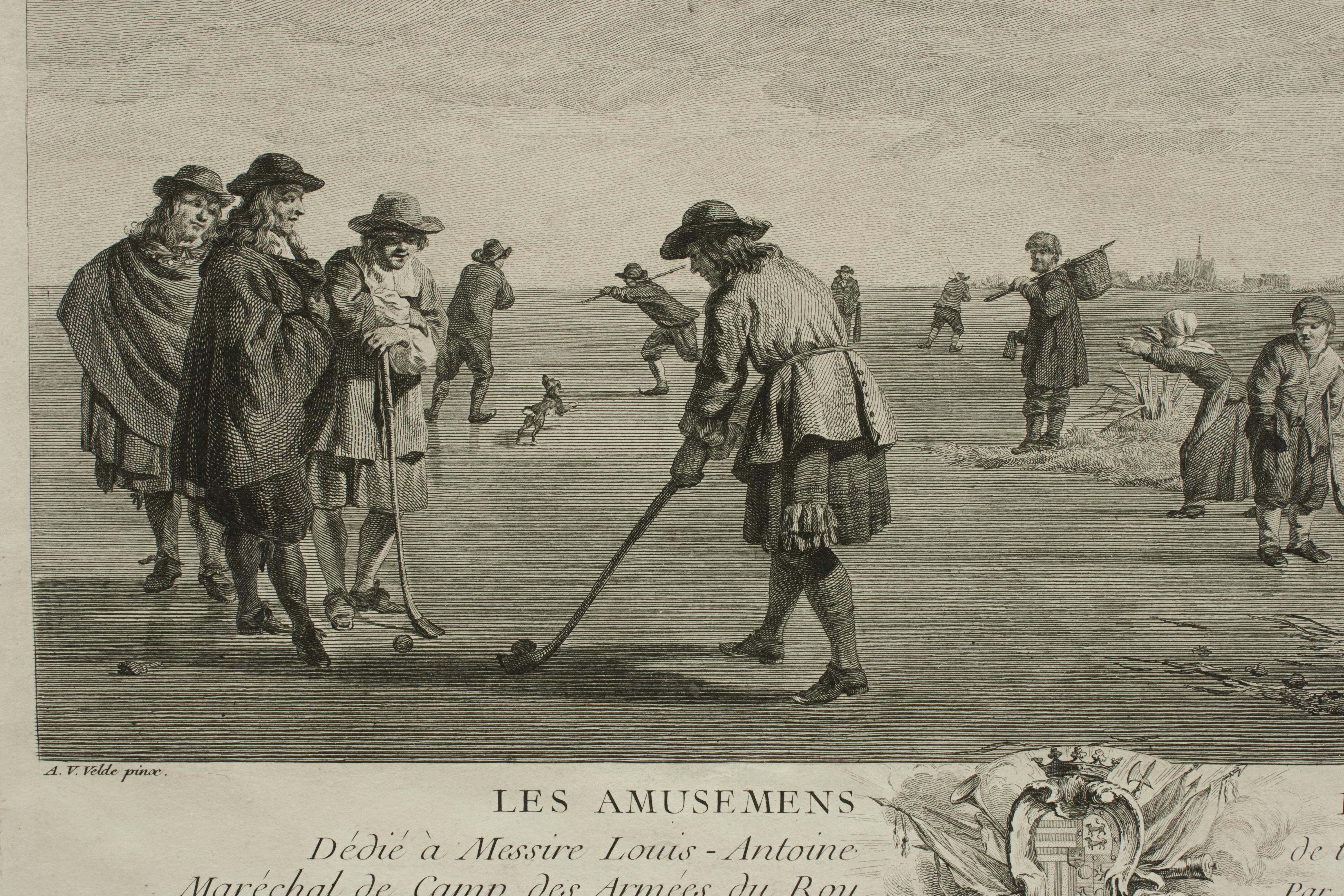 XVIIIe siècle et antérieur Kolf, Les Amusemens De L'hiver 'Winter Fun', gravure de golf en vente