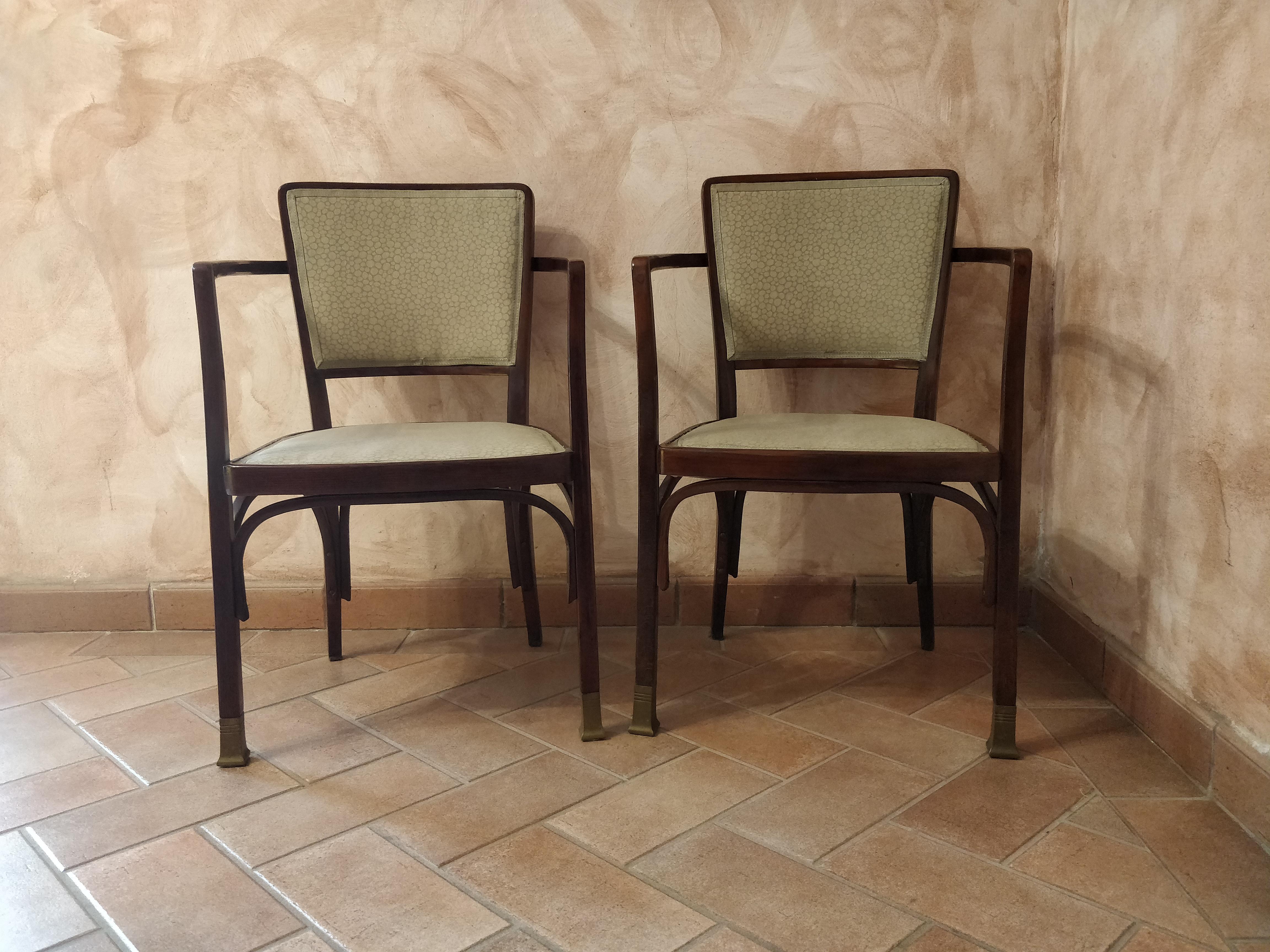  A pair of armchairs 1902s mod. 719 with expertise  from BEL ETAGE gallery Wien.
Made  from J & J Kohn.
Materials: beech and brass.
This armchair  have been designed around 1901 from koloman Moser (Wien 1868-1918)
 one of the most important
