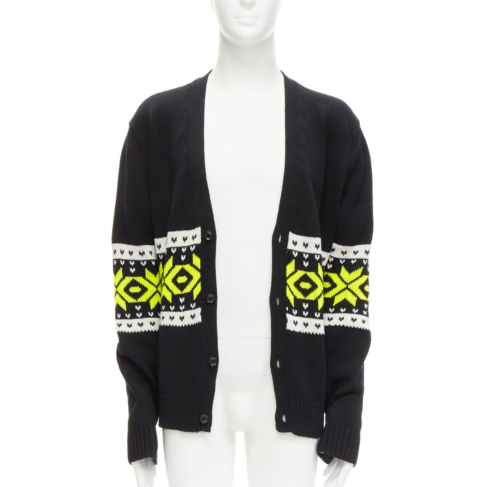 Black KOLOR black yellow intarsia fair isle 100% cotton cardigan jacket JP5 XXL For Sale