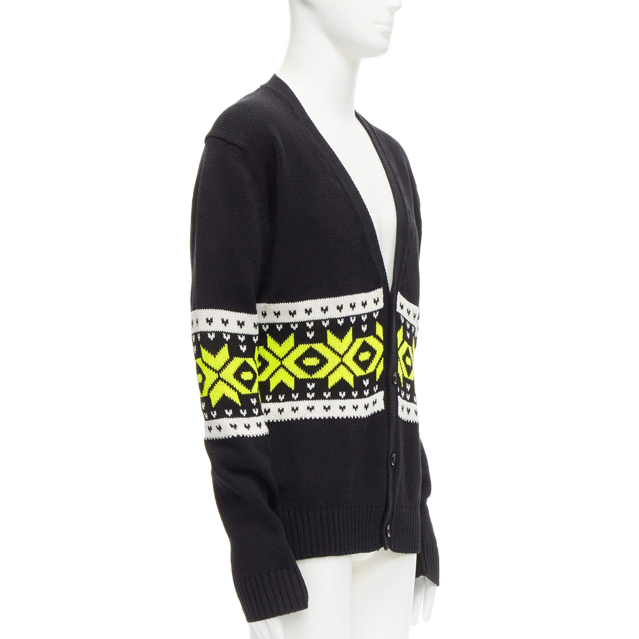 KOLOR black yellow intarsia fair isle 100% cotton cardigan jacket JP5 XXL In Excellent Condition For Sale In Hong Kong, NT