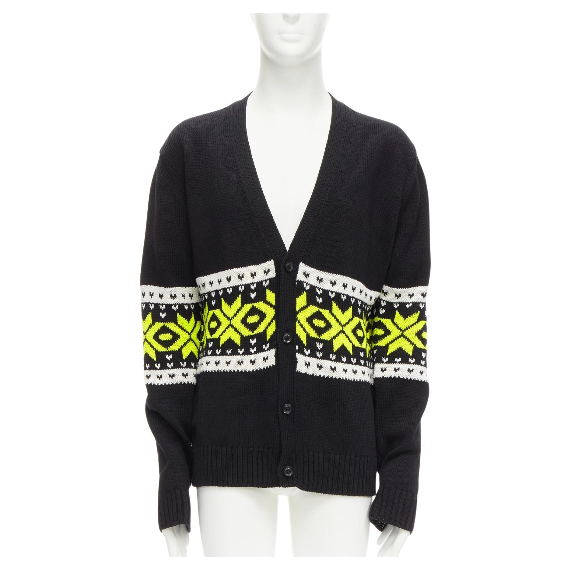 KOLOR black yellow intarsia fair isle 100% cotton cardigan jacket JP5 XXL For Sale