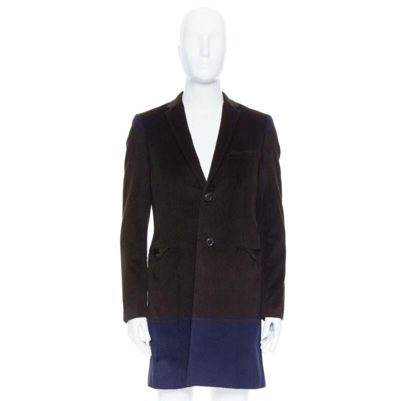 KOLOR dark brown navy blue duo-colour constructed panels tailored long coat JP3 In Good Condition For Sale In Hong Kong, NT