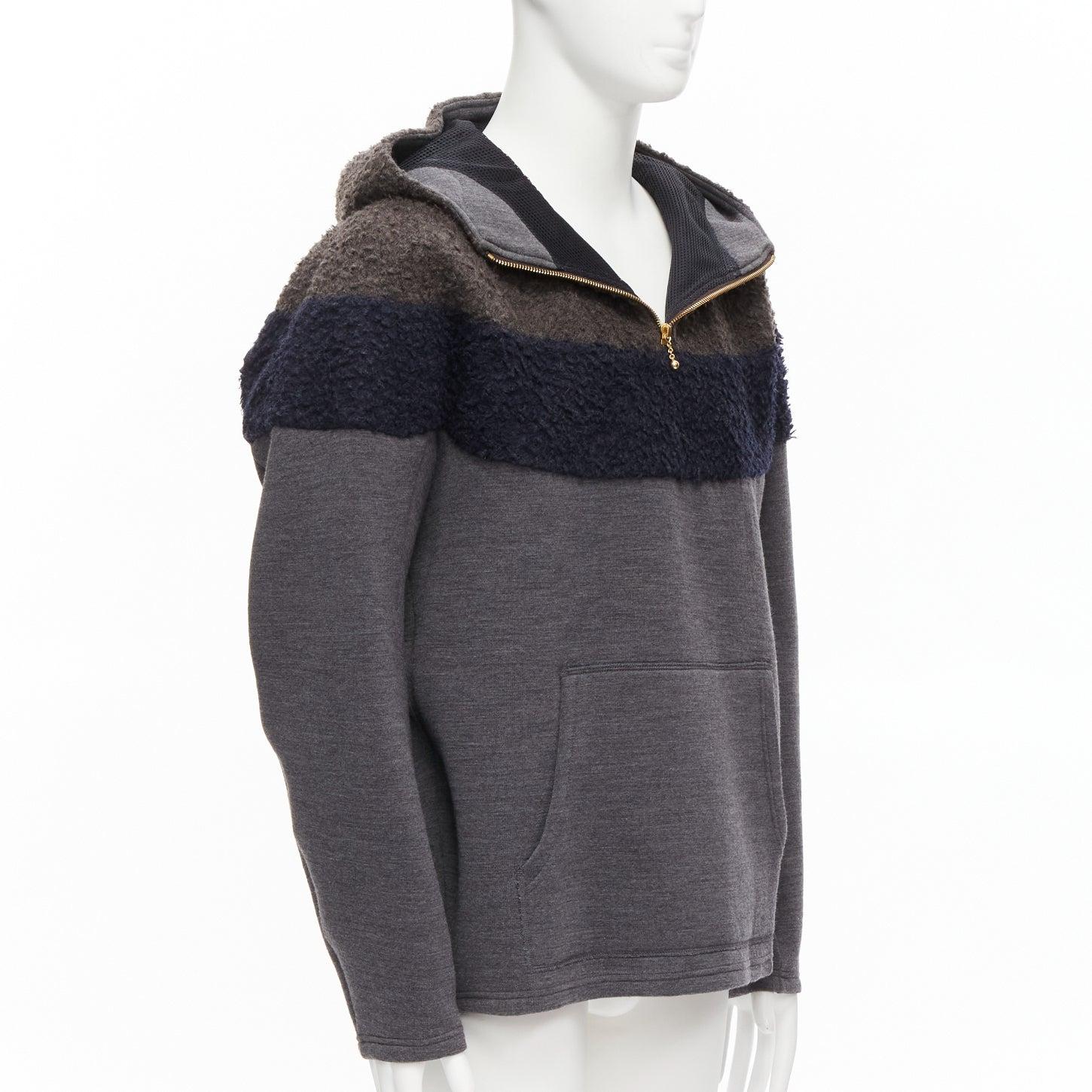 Black KOLOR navy wool blend colorblock dolman sleeve half zip knitted hoodie JP5 XXL For Sale