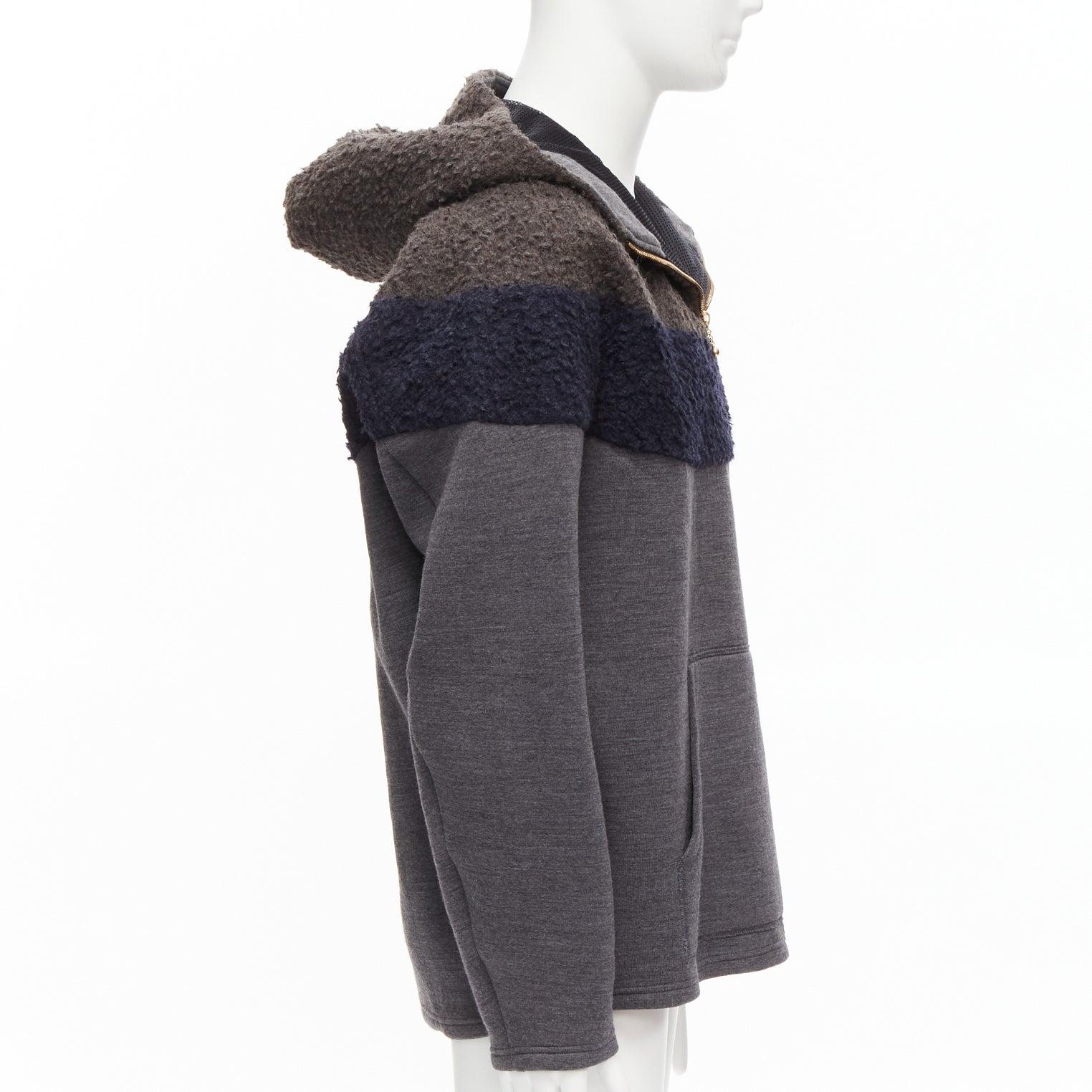 KOLOR navy wool blend colorblock dolman sleeve half zip knitted hoodie JP5 XXL In Excellent Condition For Sale In Hong Kong, NT
