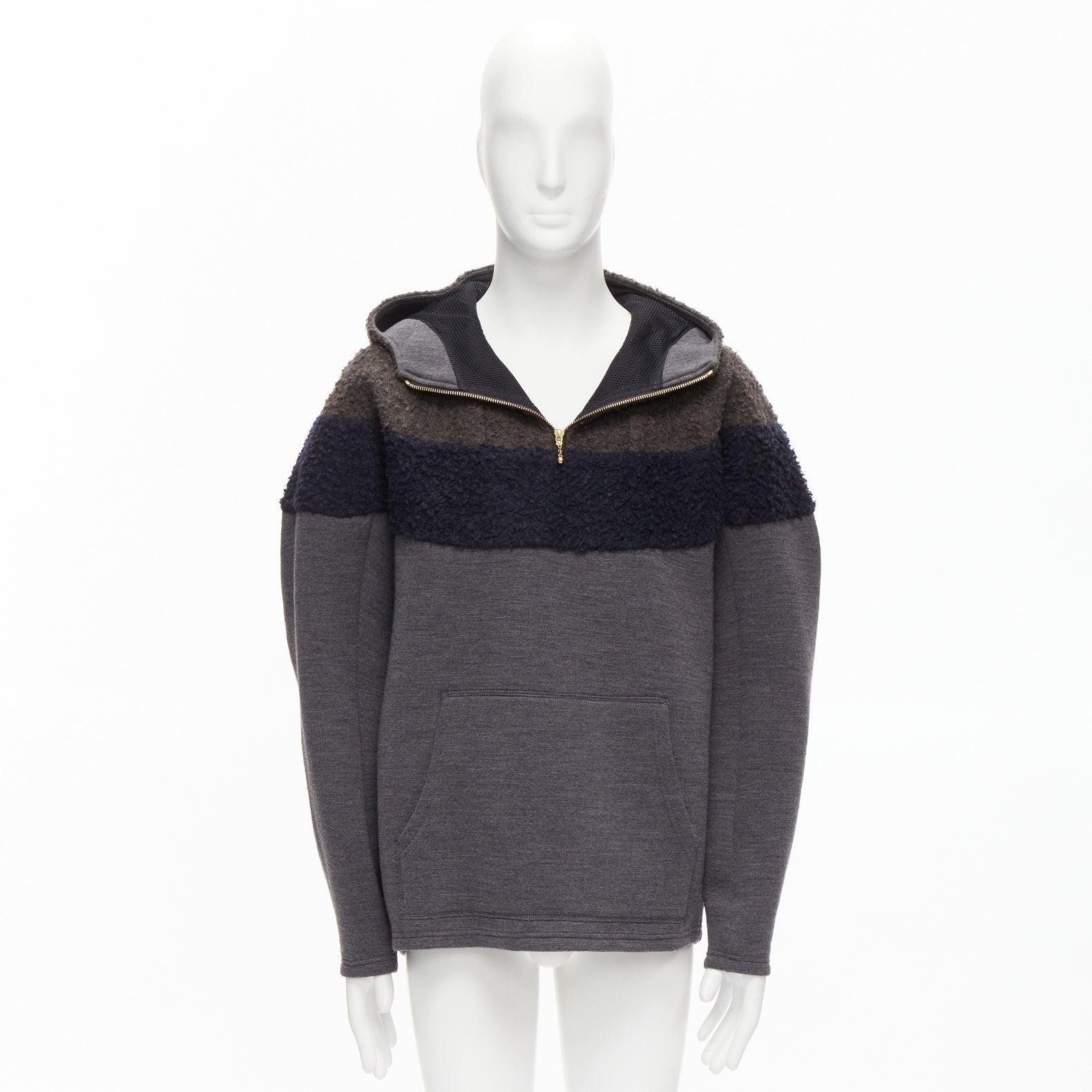 KOLOR navy wool blend colorblock dolman sleeve half zip knitted hoodie JP5 XXL For Sale 4