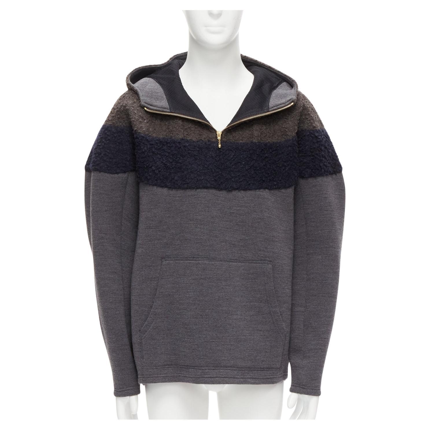 KOLOR navy wool blend colorblock dolman sleeve half zip knitted hoodie JP5 XXL For Sale