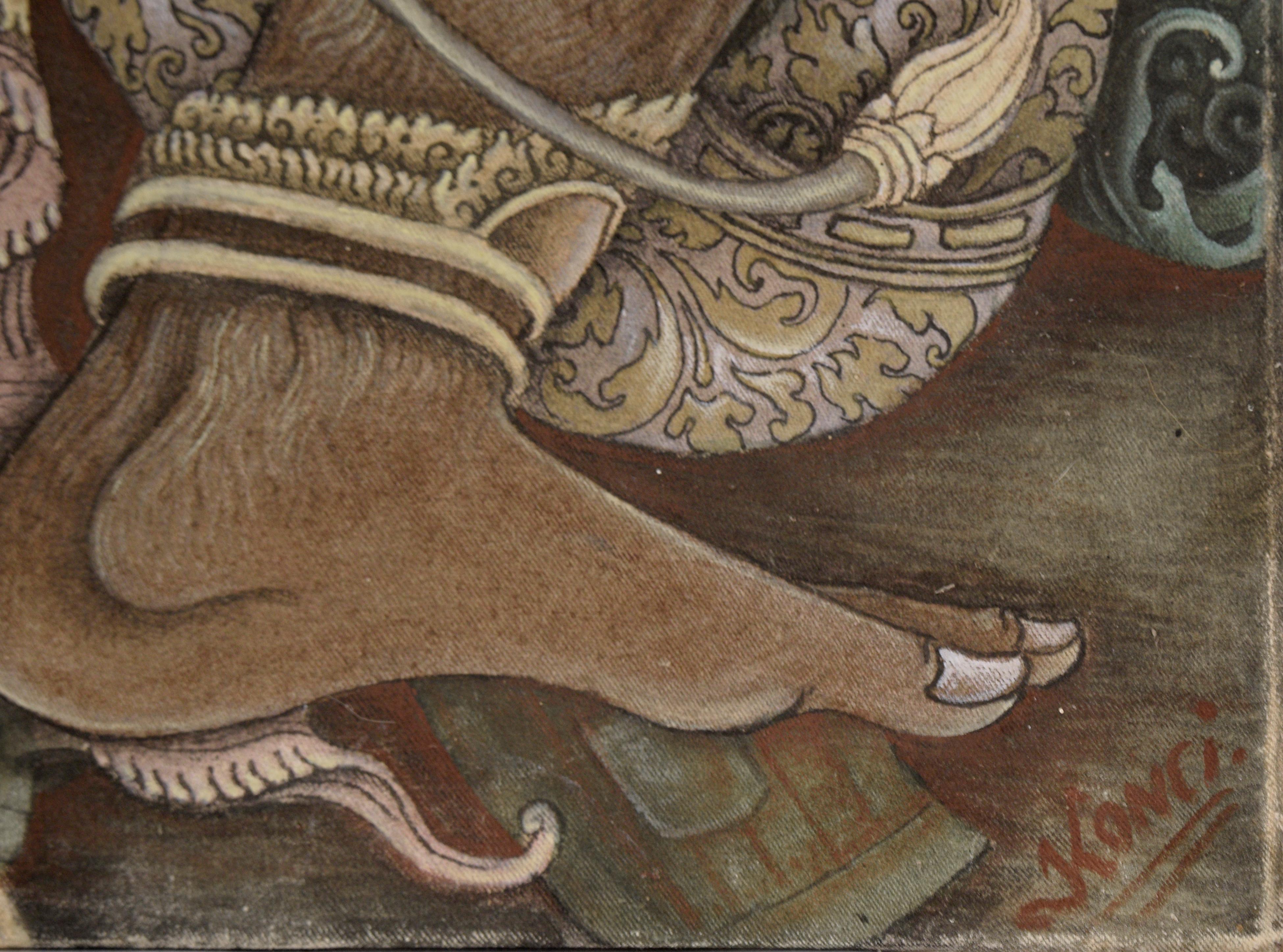 Die Göttin Kali erscheint einem Jäger - Balinesischer Ubud-Gemälde, Masken-Tänzer im Angebot 5