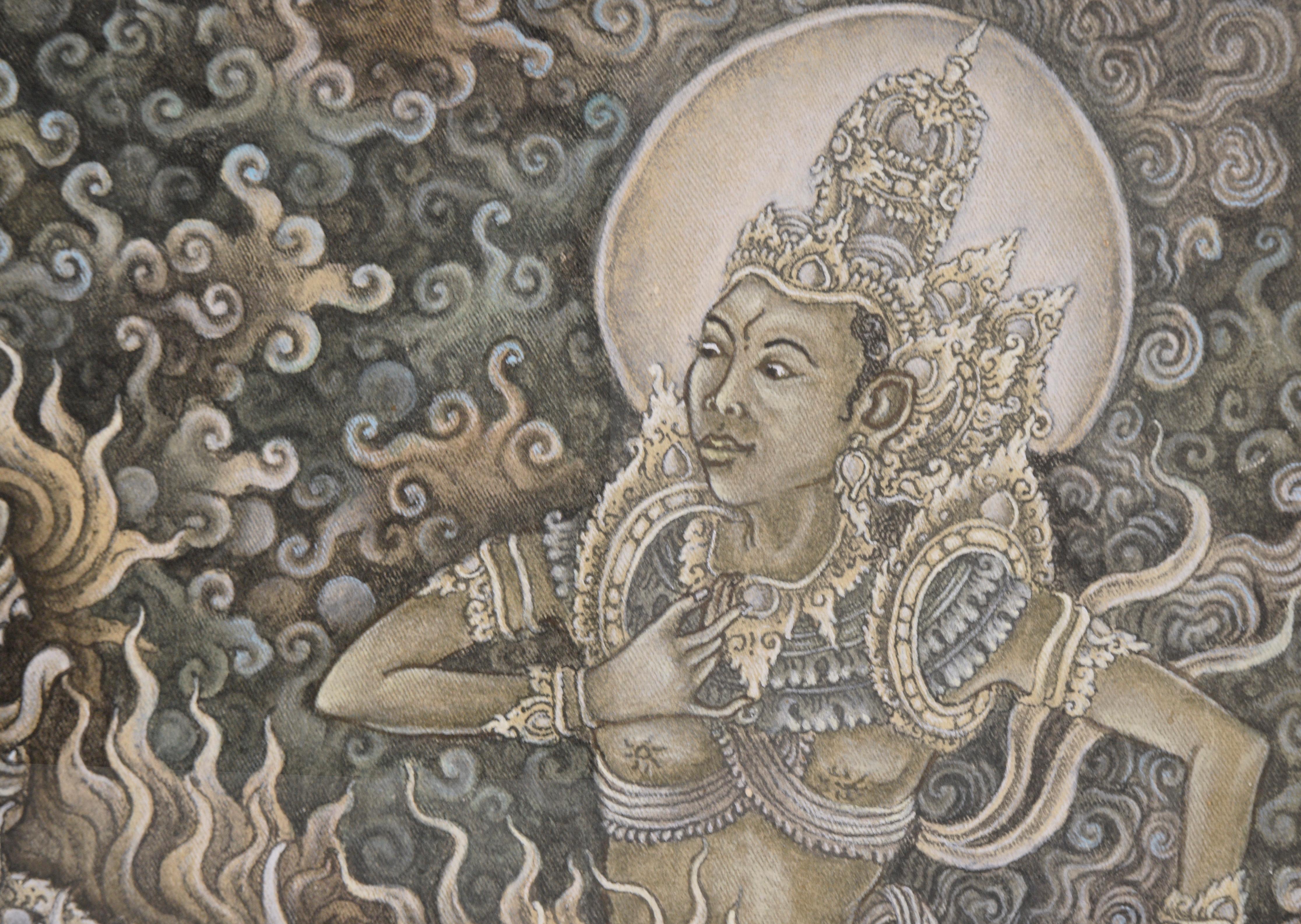Die Göttin Kali erscheint einem Jäger - Balinesischer Ubud-Gemälde, Masken-Tänzer (Stammeskunst), Painting, von Konci