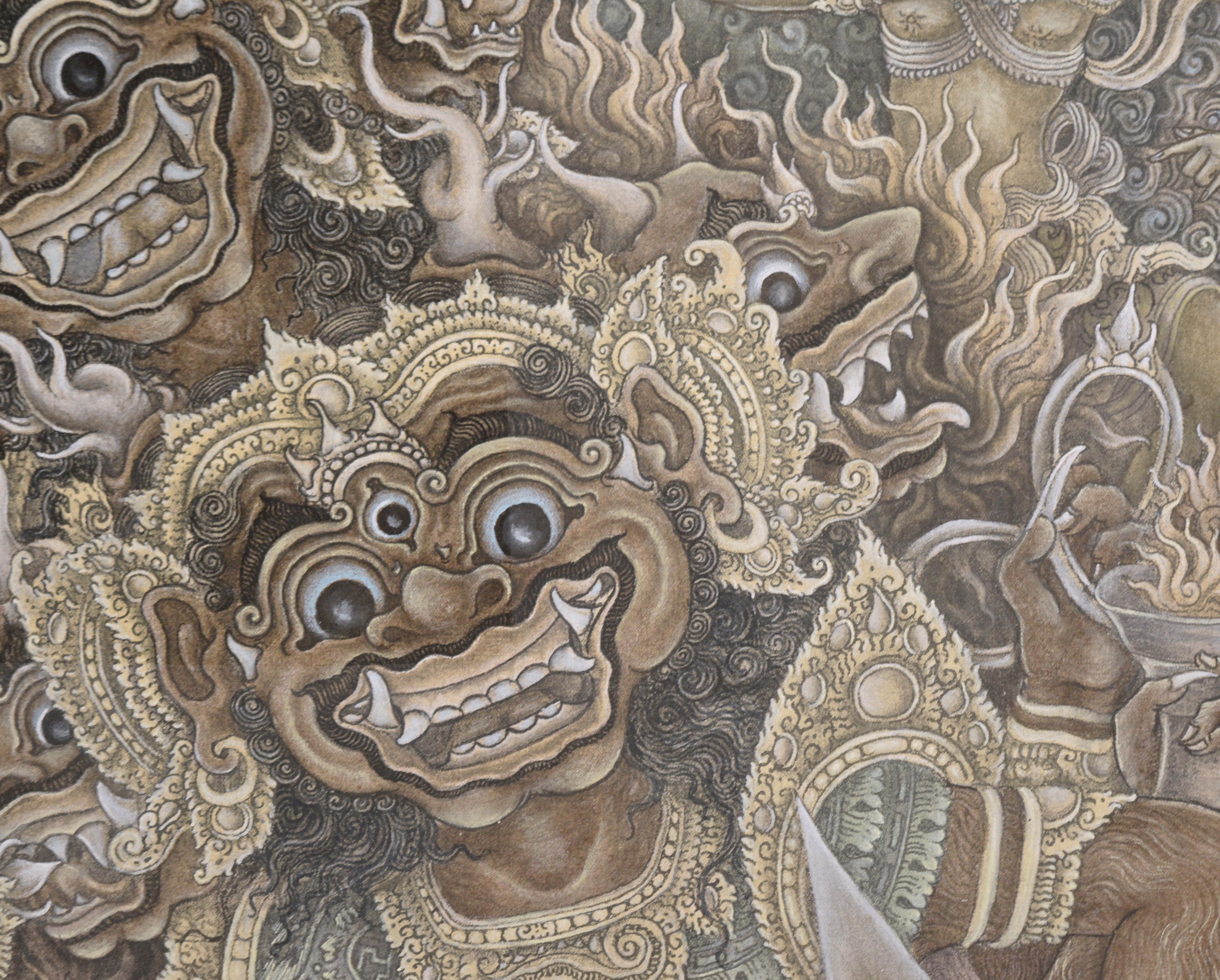 Die Göttin Kali erscheint einem Jäger - Balinesischer Ubud-Gemälde, Masken-Tänzer (Grau), Figurative Painting, von Konci