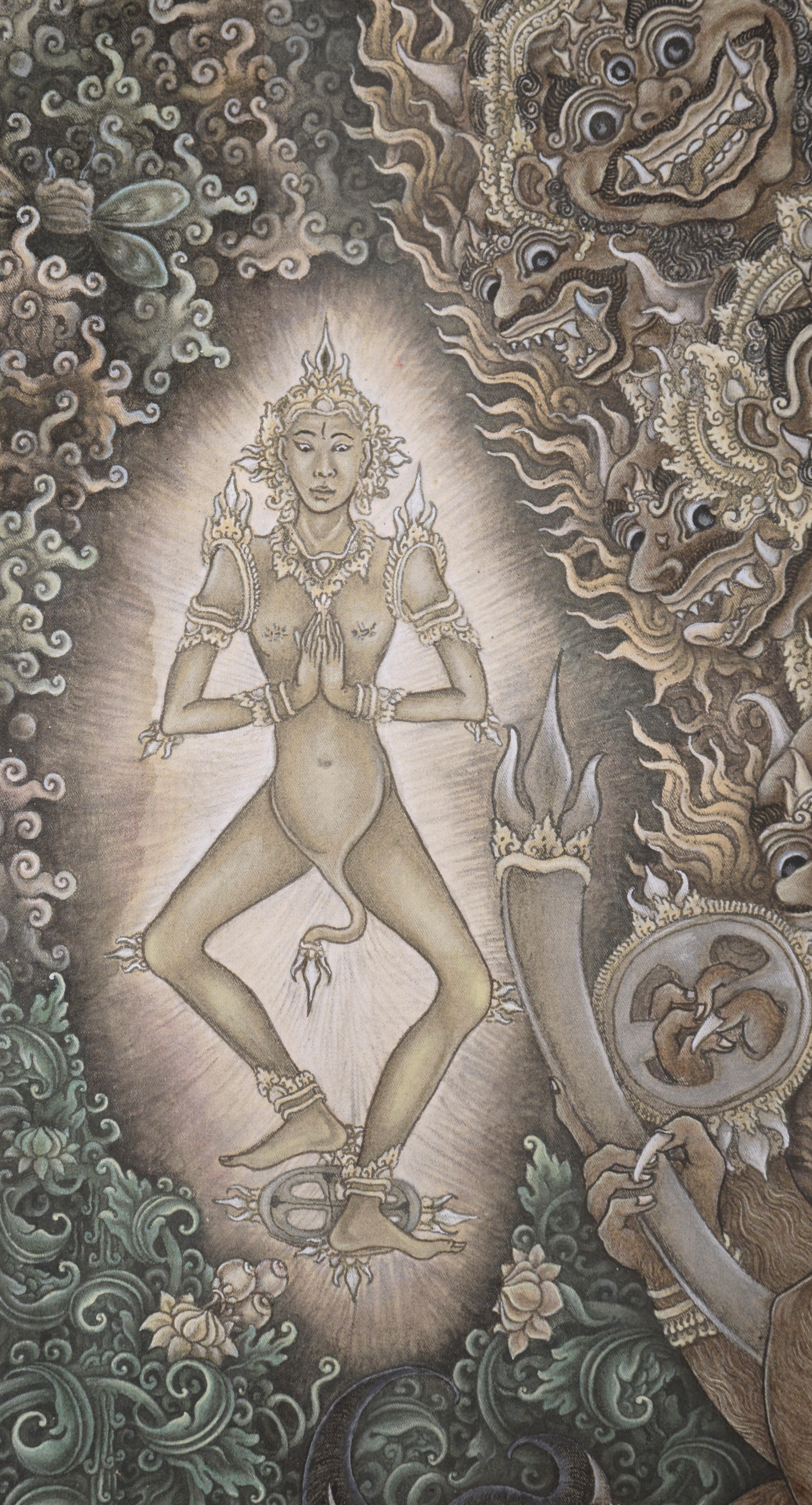 Unglaublich detaillierte Darstellung der Göttin Kali, die vor einem Jäger erscheint, von Konci (Balinese, 20. Jahrhundert). Die detail- und bildreiche Arbeit zeigt die Göttin Kali im Wald zusammen mit anderen gottgleichen Figuren. Ein Jäger kniet