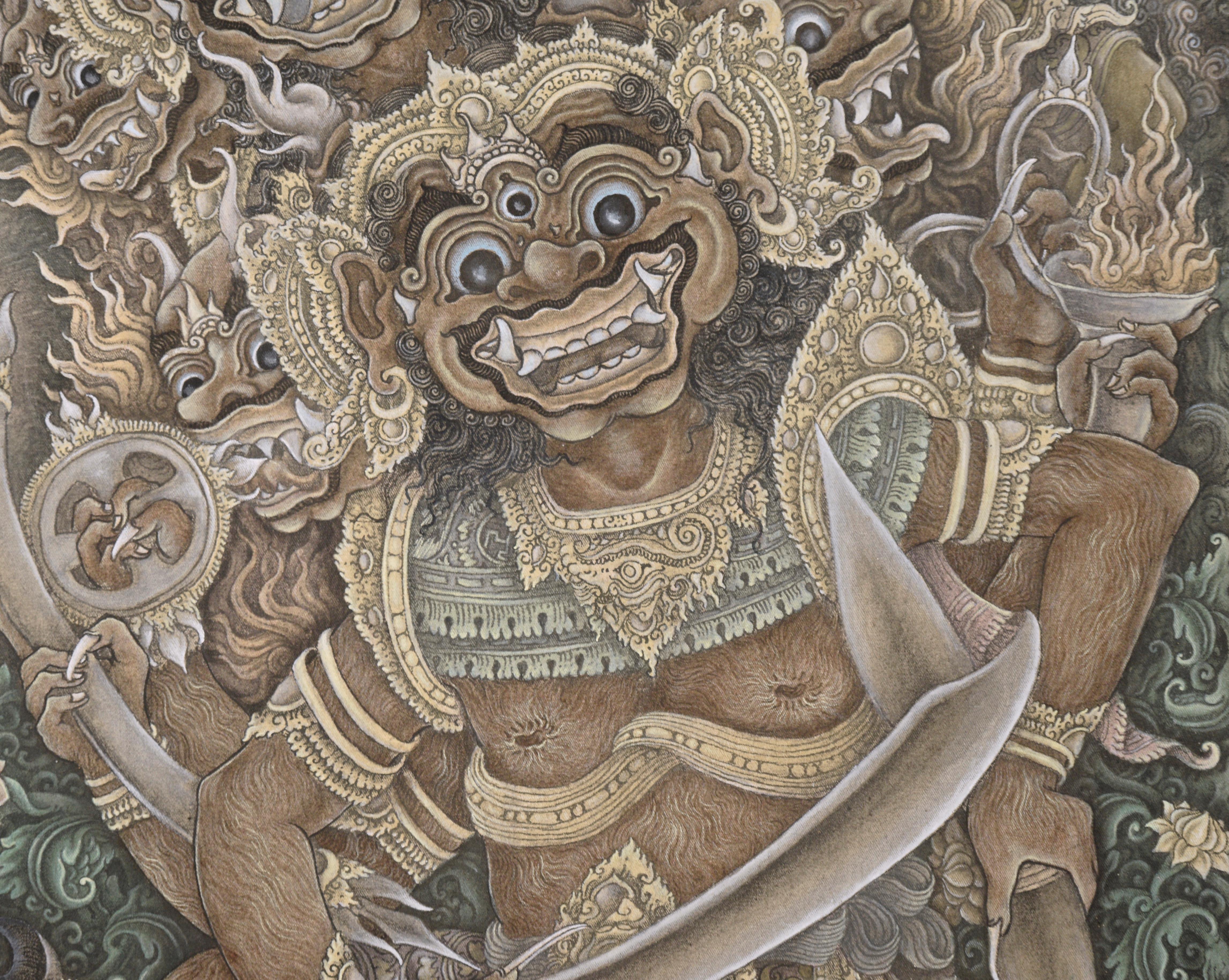 Incredibly detailed depiction of the goddess Kali appearing before a hunter by Konci (Balinese, 20th Century). Overflowing with details and imagery, this piece depicts the goddess Kali in the forest along with other godlike figures. A hunter is
