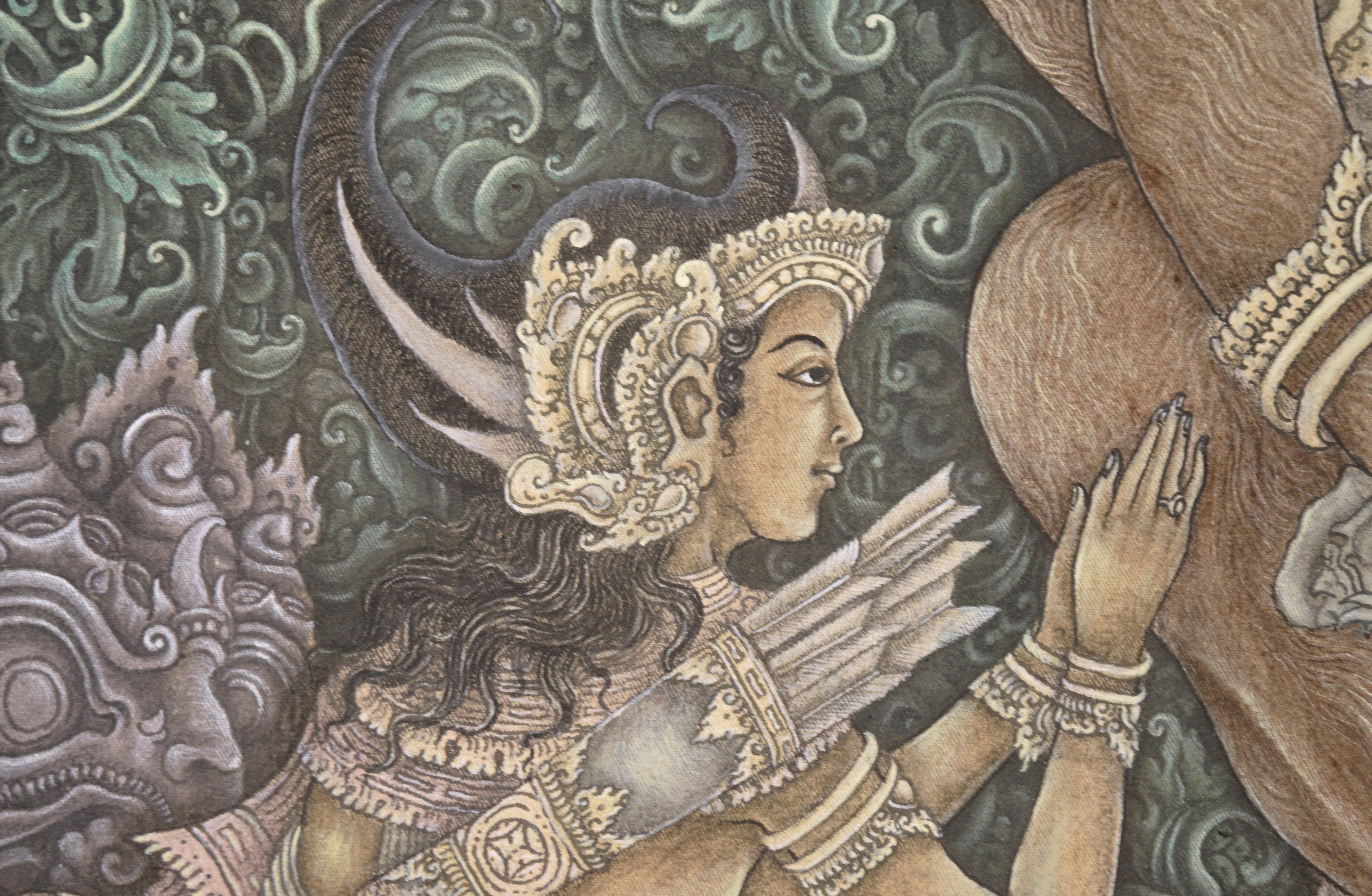 Die Göttin Kali erscheint einem Jäger - Balinesischer Ubud-Gemälde, Masken-Tänzer im Angebot 2