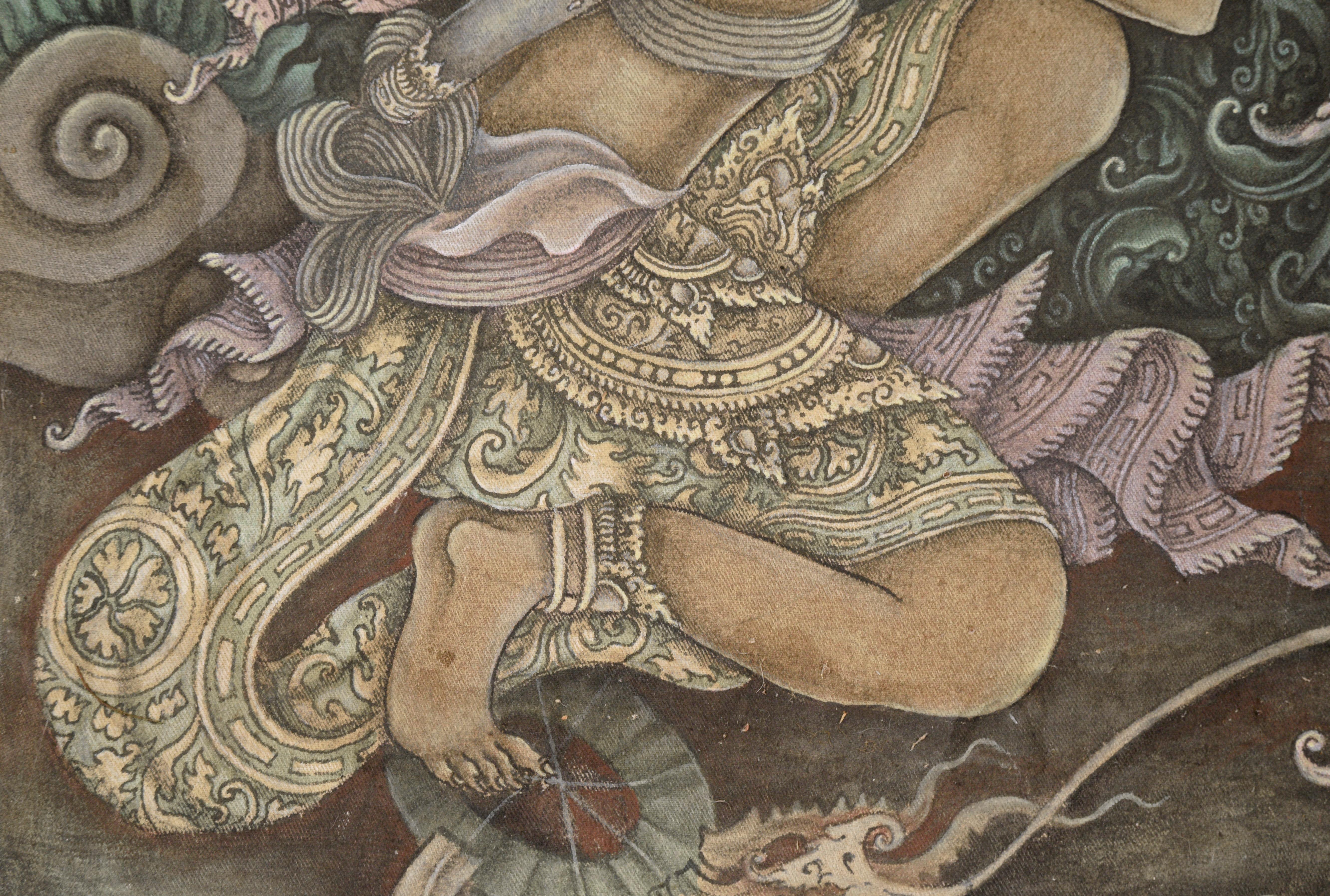 Die Göttin Kali erscheint einem Jäger - Balinesischer Ubud-Gemälde, Masken-Tänzer im Angebot 3