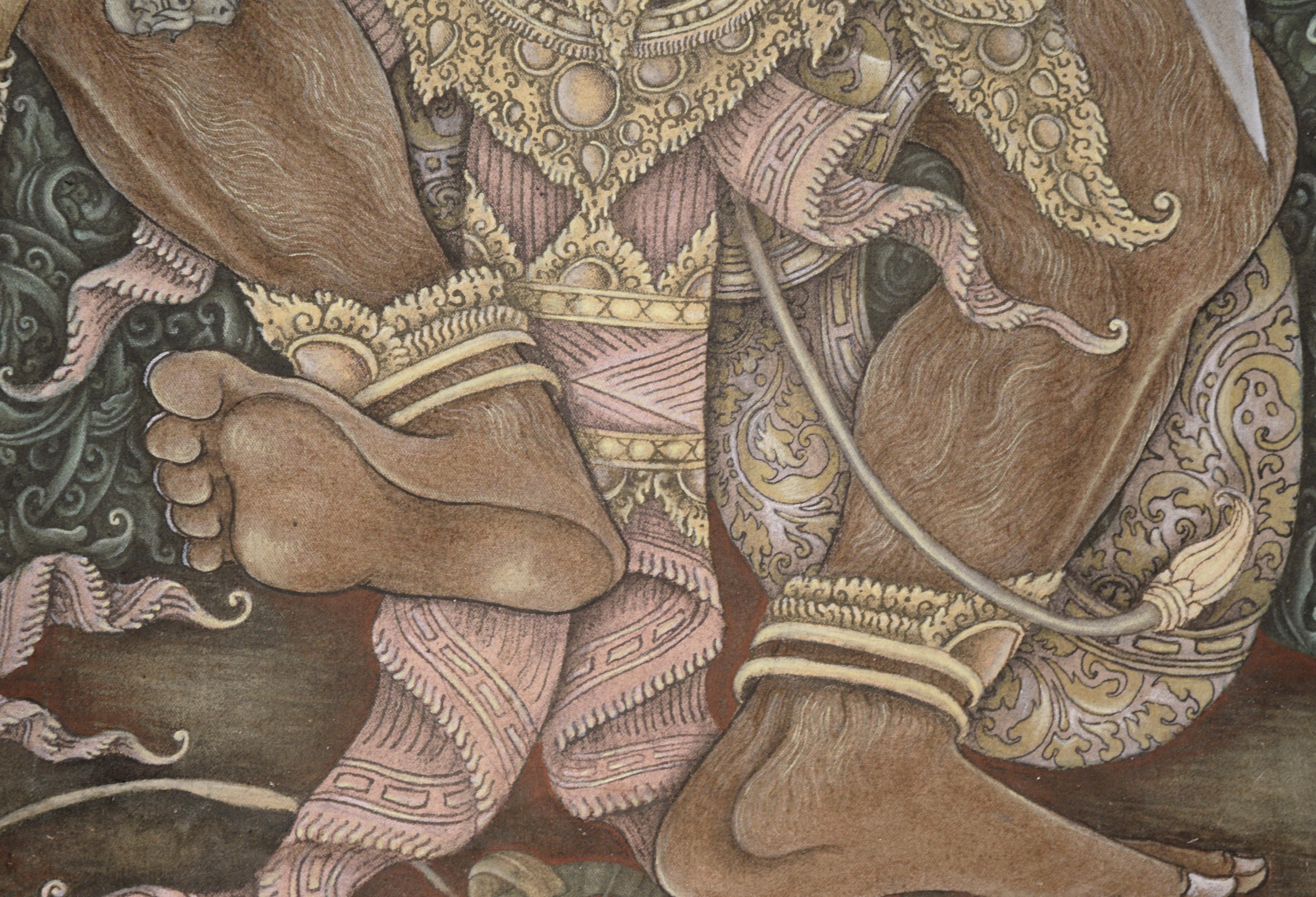 Die Göttin Kali erscheint einem Jäger - Balinesischer Ubud-Gemälde, Masken-Tänzer im Angebot 4
