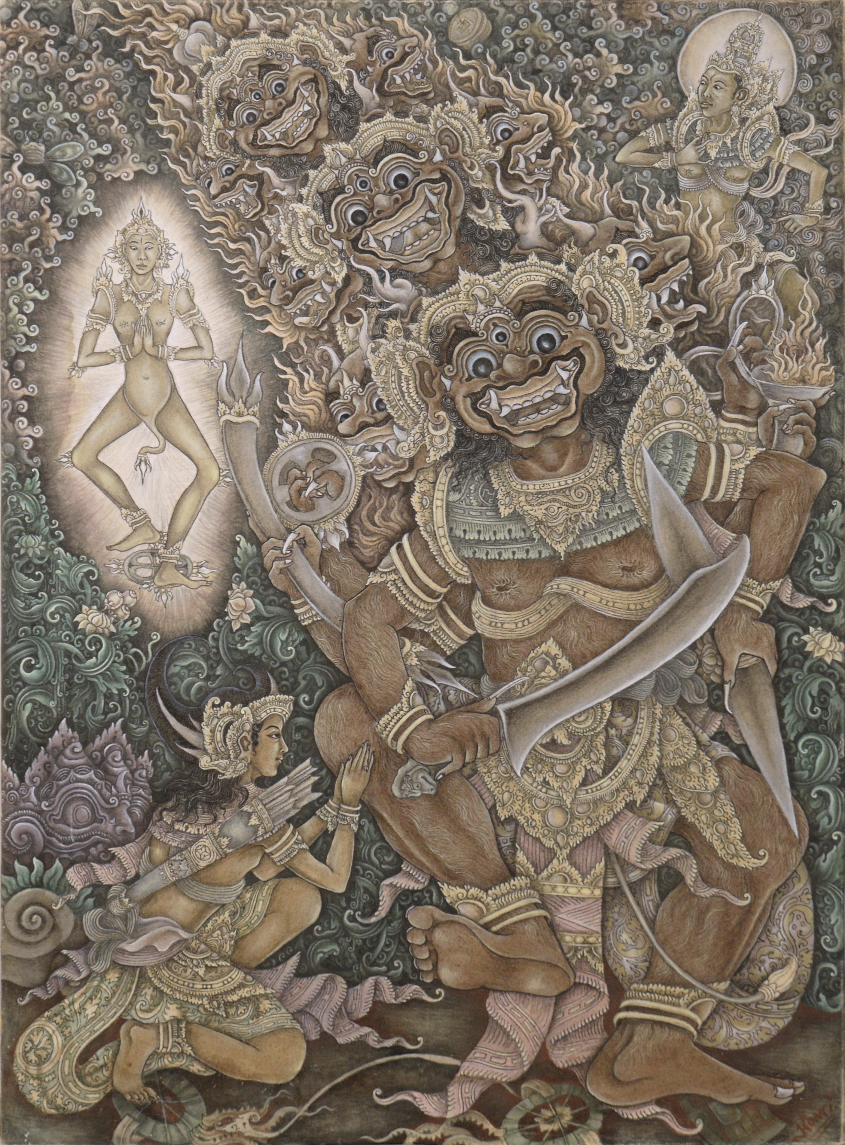 Die Göttin Kali erscheint einem Jäger - Balinesischer Ubud-Gemälde, Masken-Tänzer