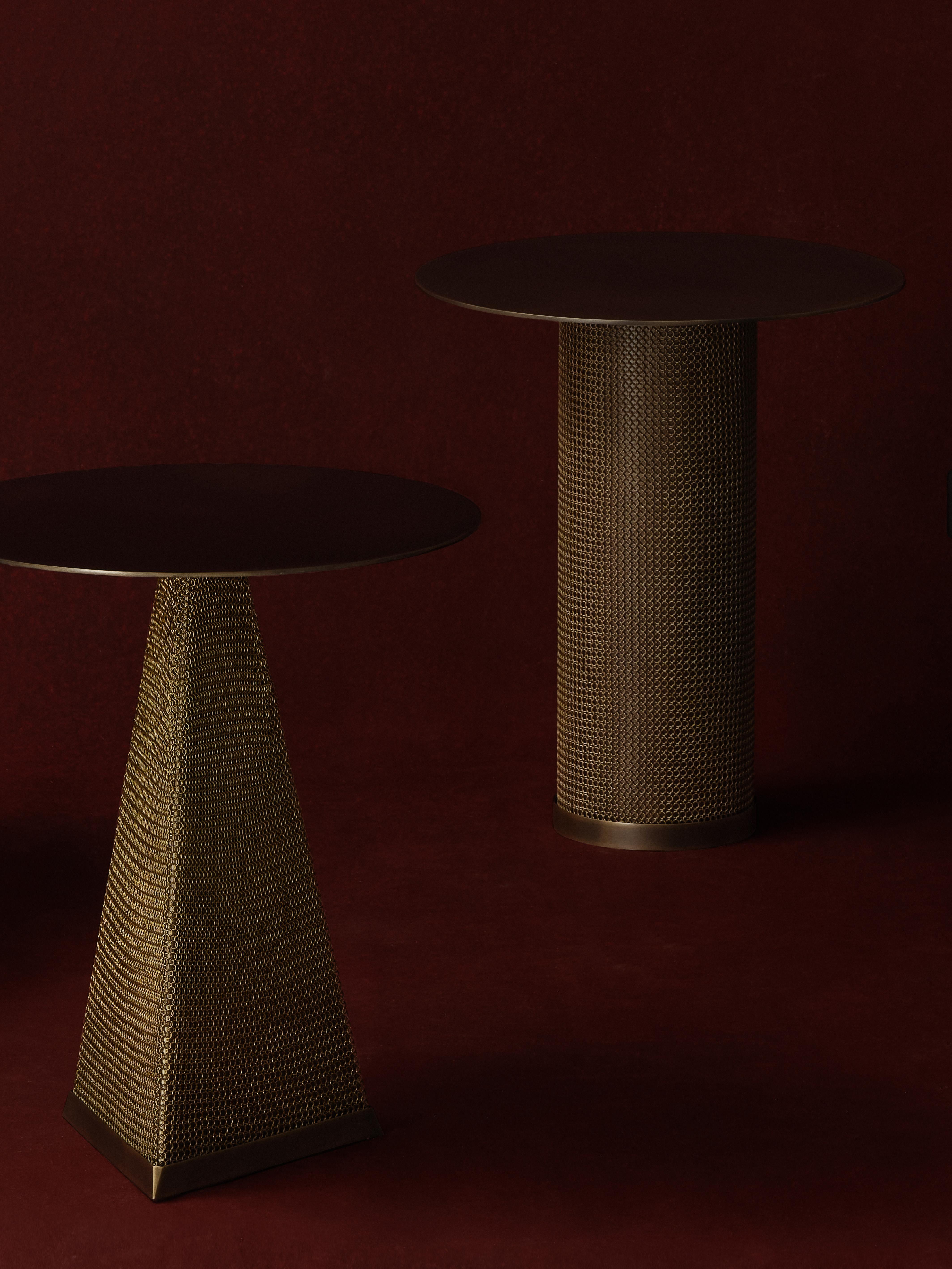 Stainless Steel Konekt Armor Side Table Cylinder Large in Oil-Rubbed Bronze with Chainmail For Sale