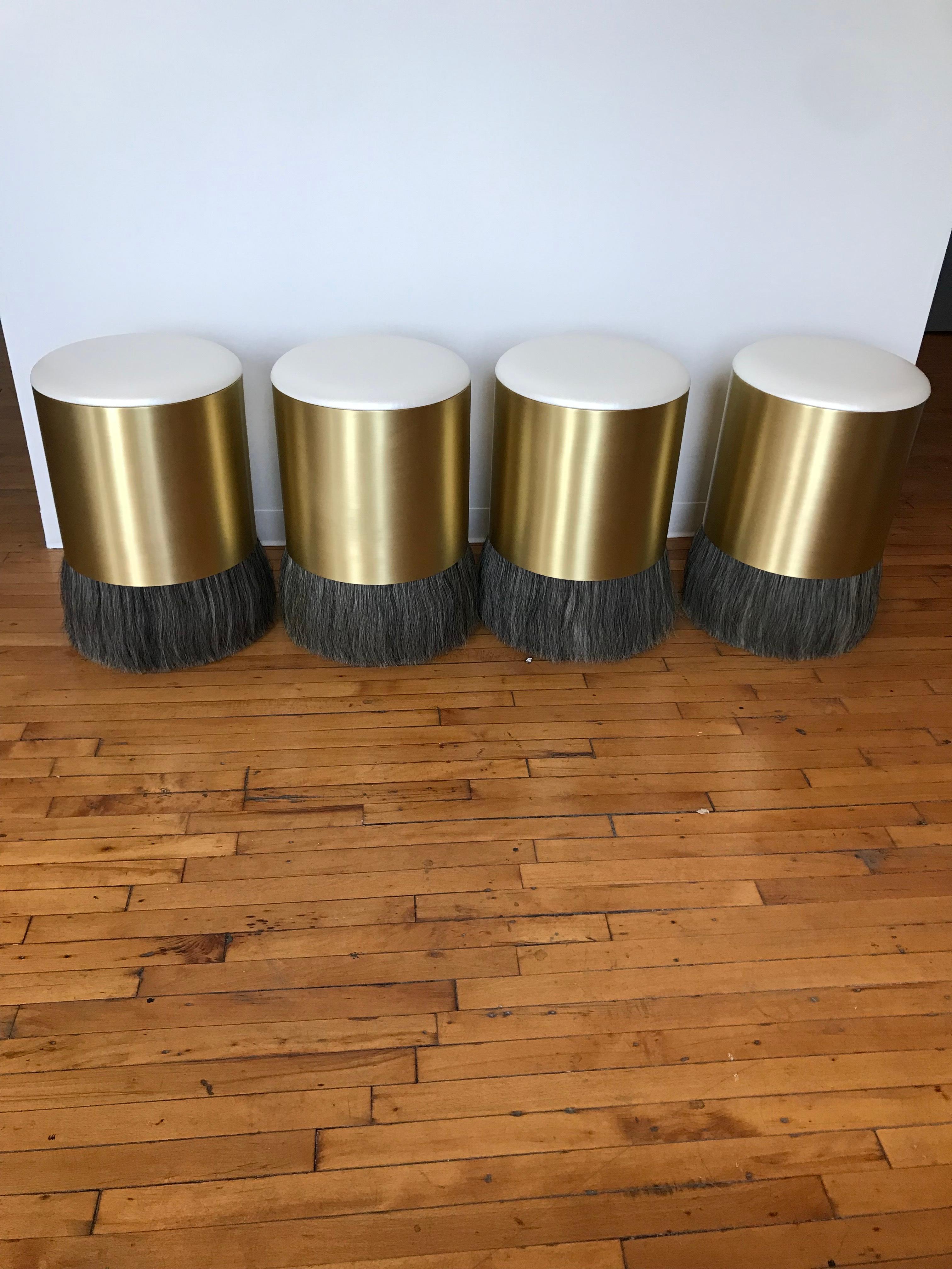 American Konekt Counter Height Stool Thing 4 in Antique Brass with Horse Hair and Velvet For Sale