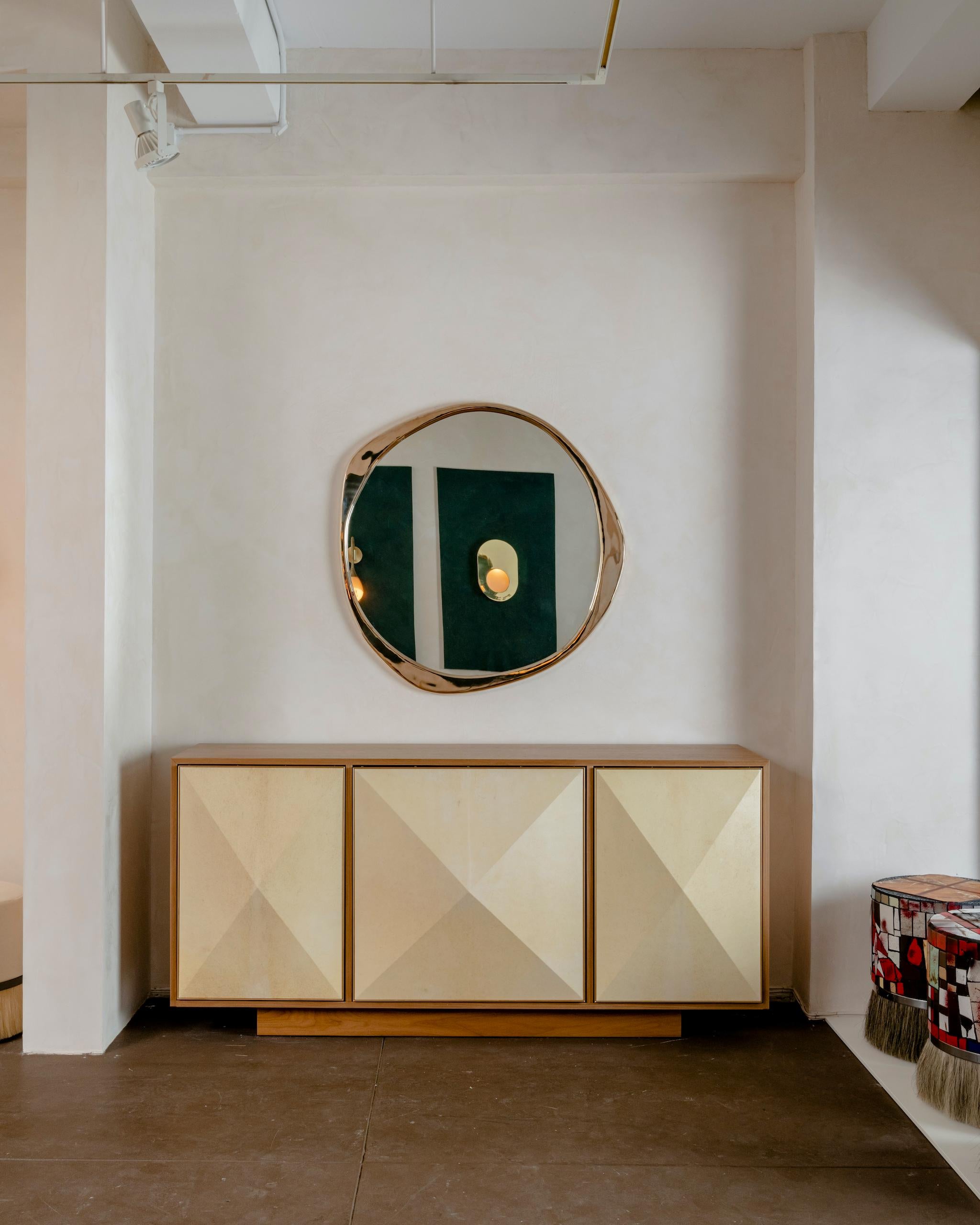 Contemporary Konekt Pyramid Sideboard 3 Door in Walnut with Goatskin Parchment and Brass For Sale