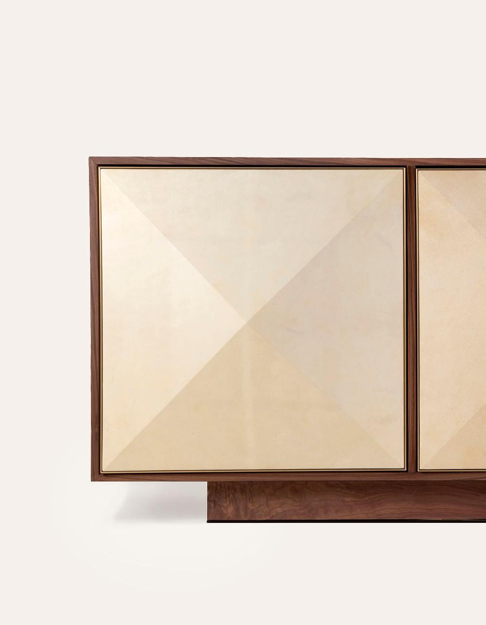 American Konekt Pyramid Sideboard 3 Door Large in Walnut, Goatskin Parchment and Brass For Sale