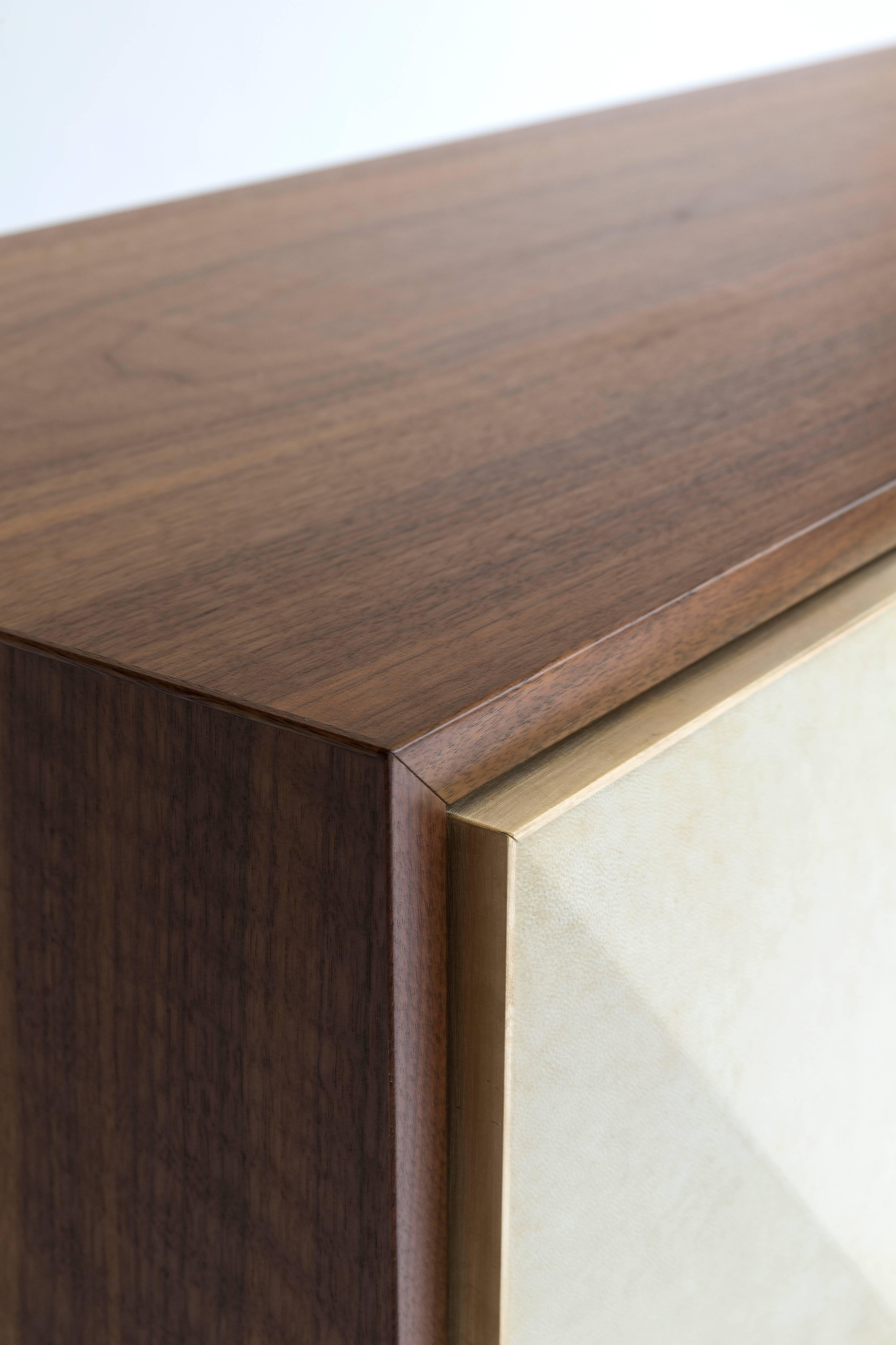 Contemporary Konekt Pyramid Sideboard 3 Door Large in Walnut, Goatskin Parchment and Brass For Sale