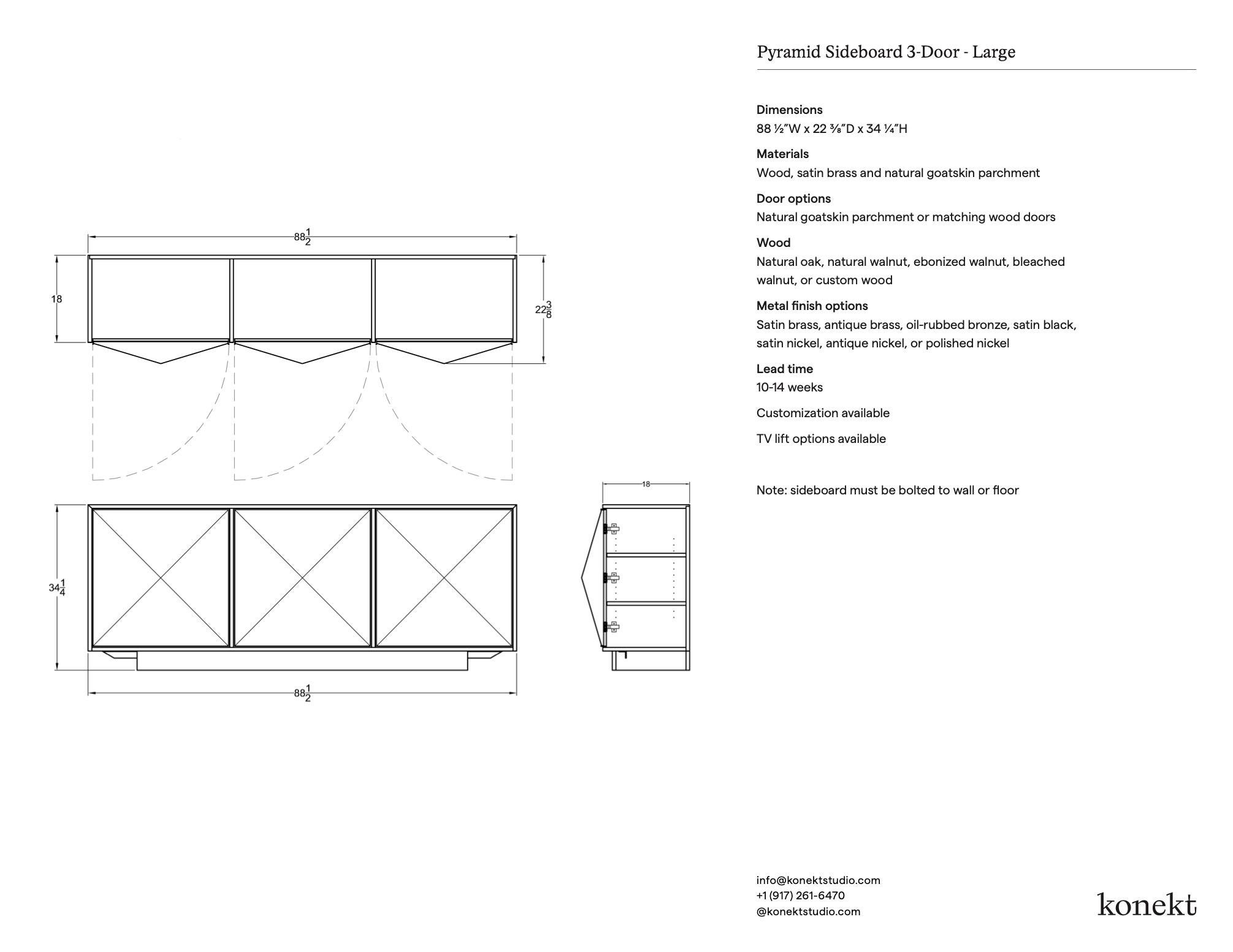 Konekt Pyramid Sideboard 3 Door Large in Walnut, Goatskin Parchment and Brass For Sale 3