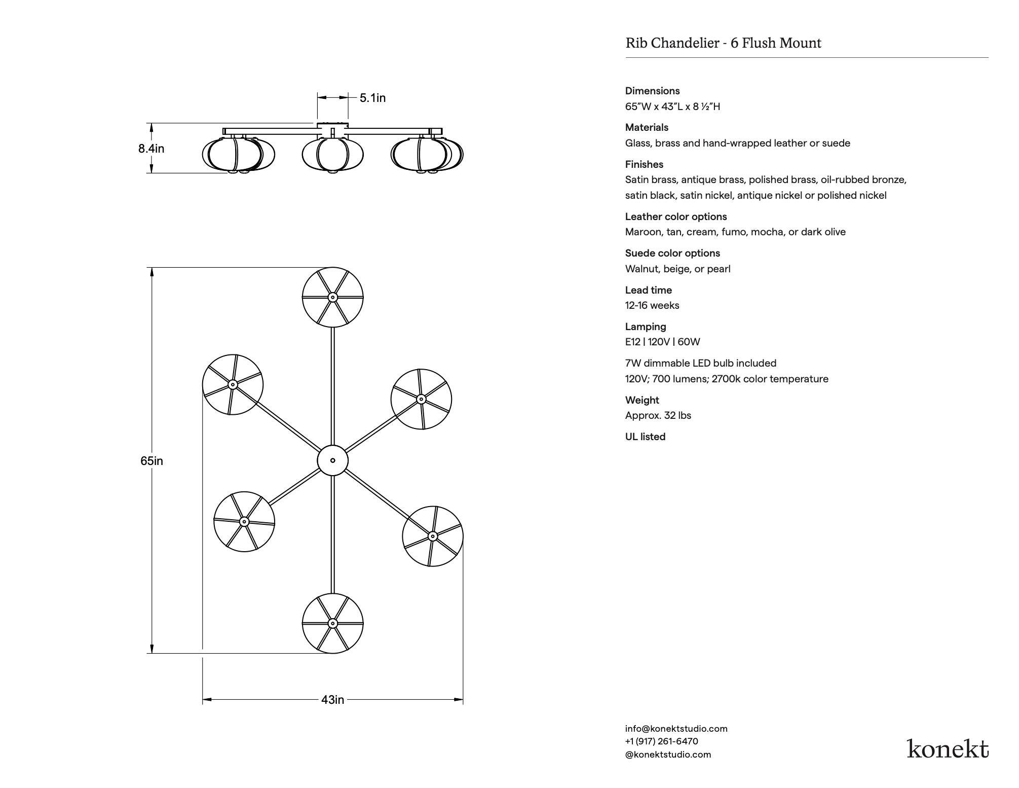 Brass Konekt Rib Chandelier - 6 Flush Mount For Sale