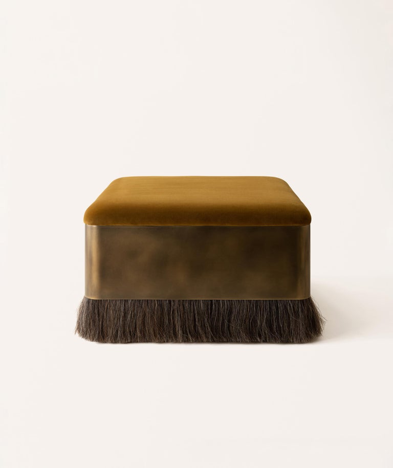 Konekt Square Thing 4 Ottoman with Antique Brass, Horse Hair and Velvet