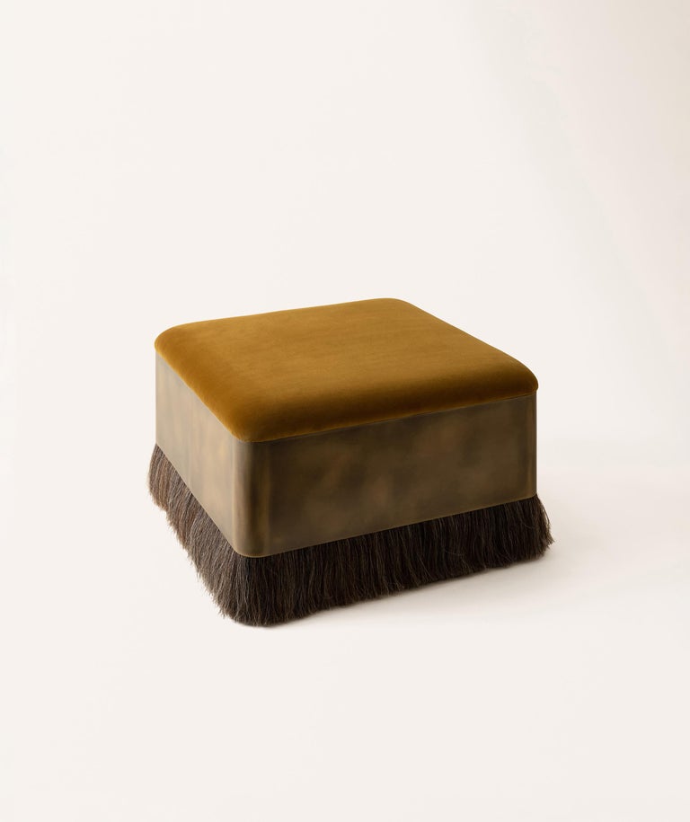 Konekt Square Thing 4 Ottoman with Antique Brass, Horse Hair and Velvet
