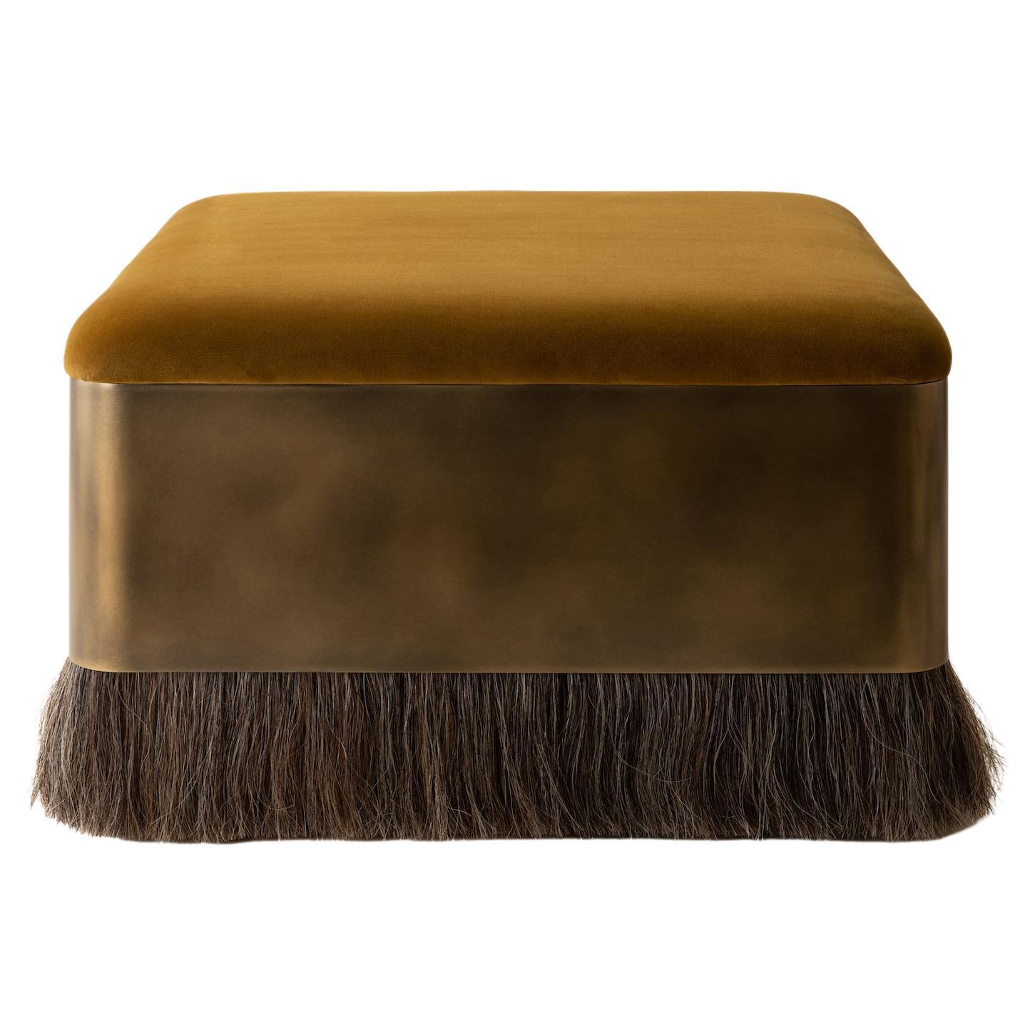Konekt Thing 4 Square Ottoman with Antique Brass, Horse Hair and Velvet