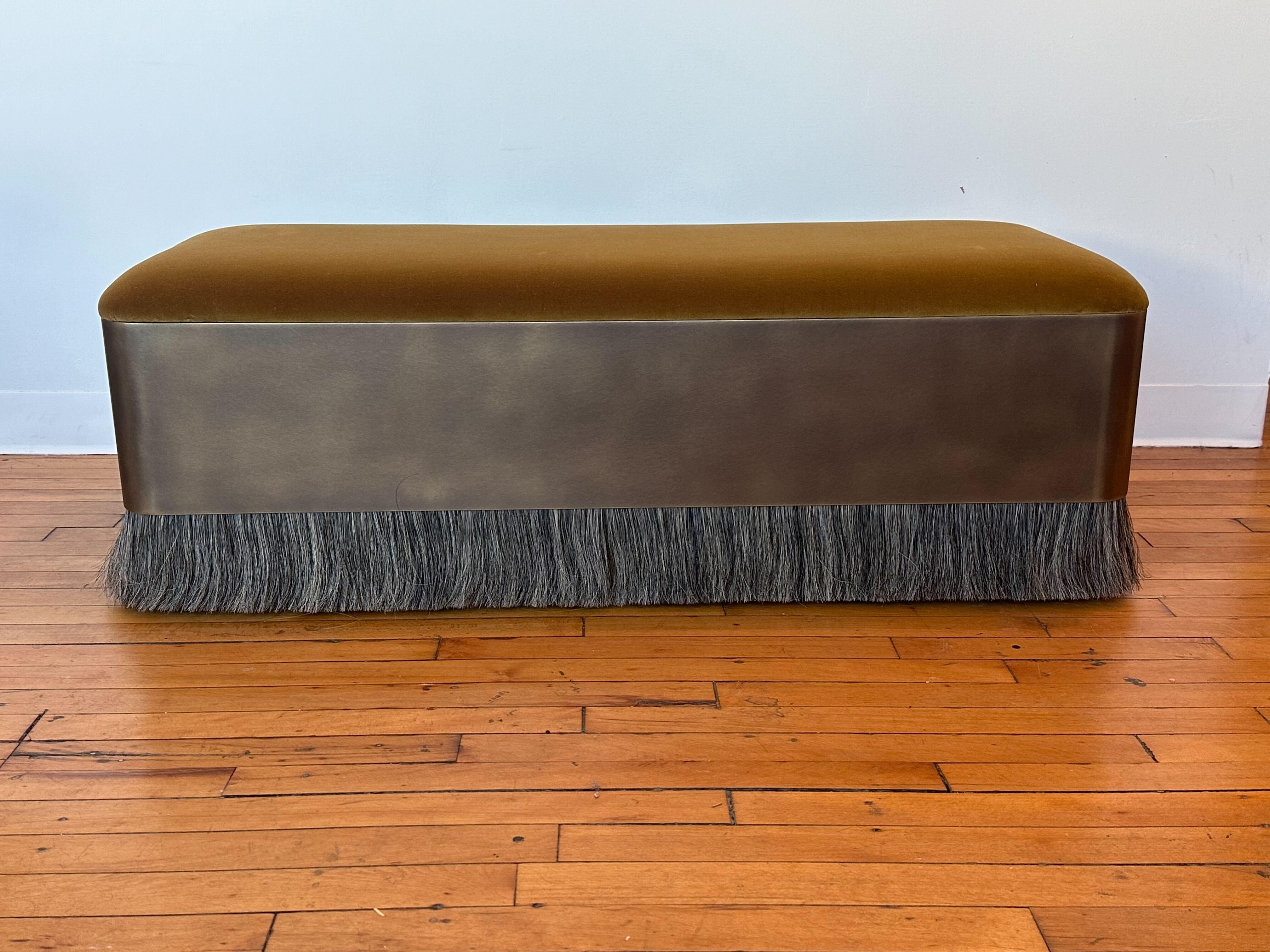 Konekt Thing 4 Rectangle Ottoman Bench with Antique Brass, Horse Hair and Velvet For Sale 1