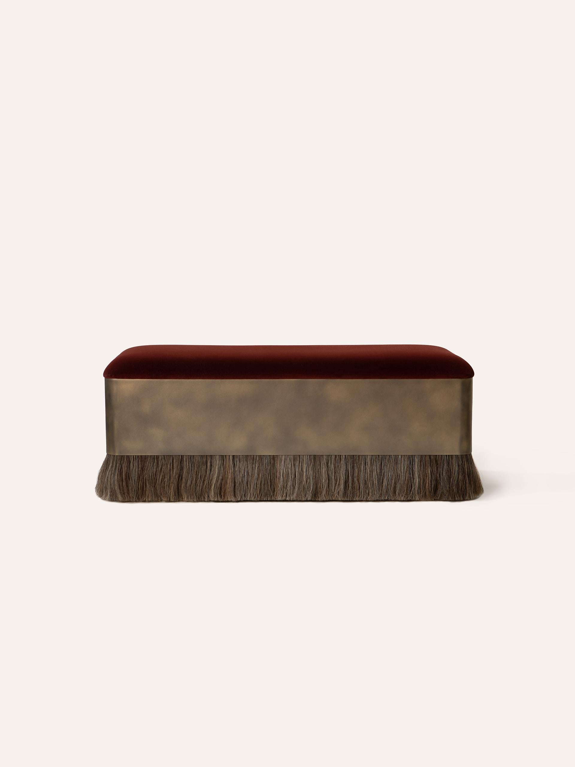 The Thing 4 Rectangle Ottoman features a hand-stitched top, a finished steel drum and horse hair. 

Made to order with your choice of metal finish, horse hair color, and graded-in velvet. A variety of velvet colors are available, please inquire for