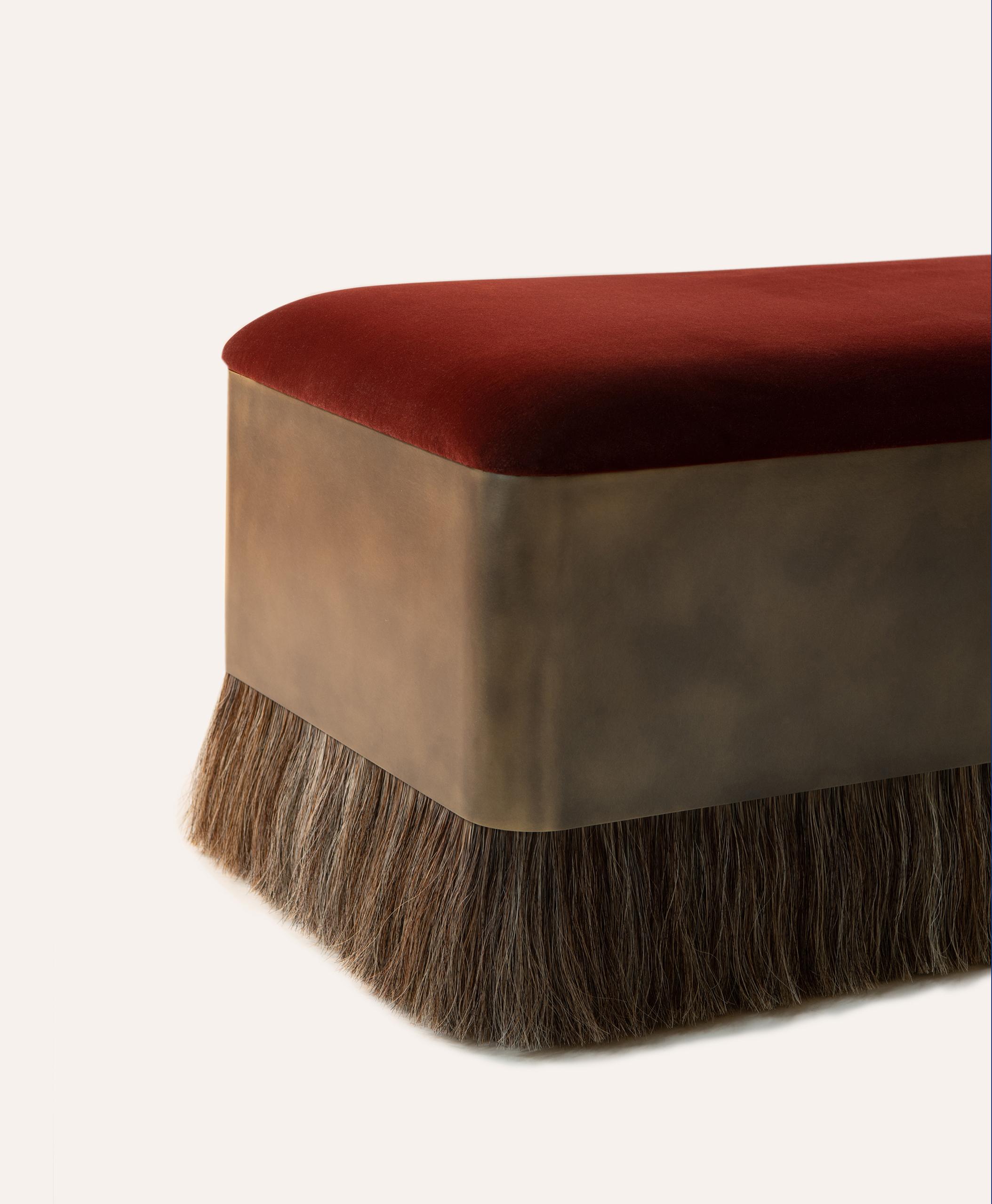 American Konekt Thing 4 Rectangle Ottoman Bench with Antique Brass, Horse Hair and Velvet For Sale